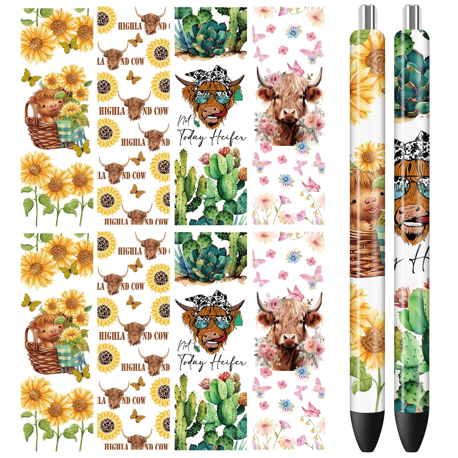 Calcomanías De Transferencia UV DTF Con Vaca De Las Tierras Altas Y Flores - 9 Hojas, Ideales Para Manualidades