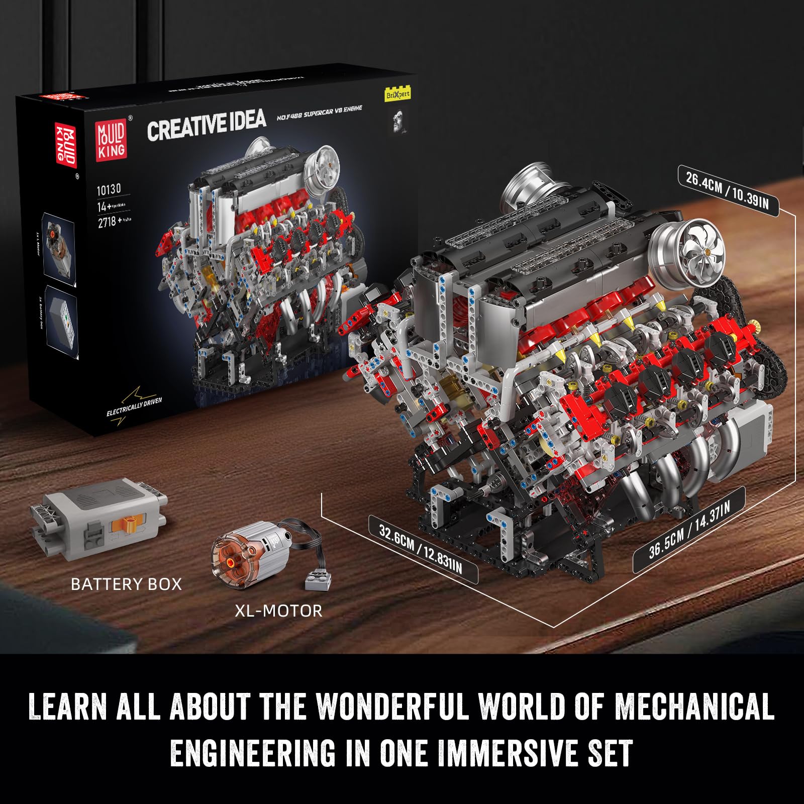 Mould King 10130 V8 Engine Model kit That Runs - Build Your Own STEM V8 Model Engine for Adults, 8-Cylinder Engine kit 3.9-Liter Twin-Turbo Engine, Mechanic Engineering Construction Set (2718 PCS)