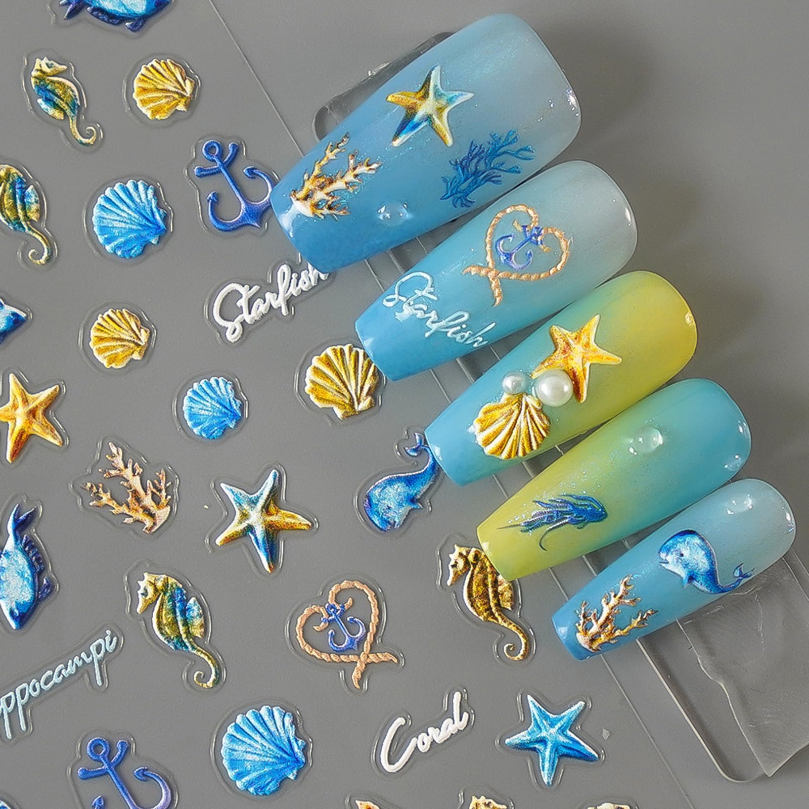 Irikdescia 2 Pezzi 5D Adesivi per Unghie con Rilievi di Stelle Marine, Adesivi Autoadesivi a Tema Marino per Decorazione delle Unghie, Accessori per Manicure e Nail Art