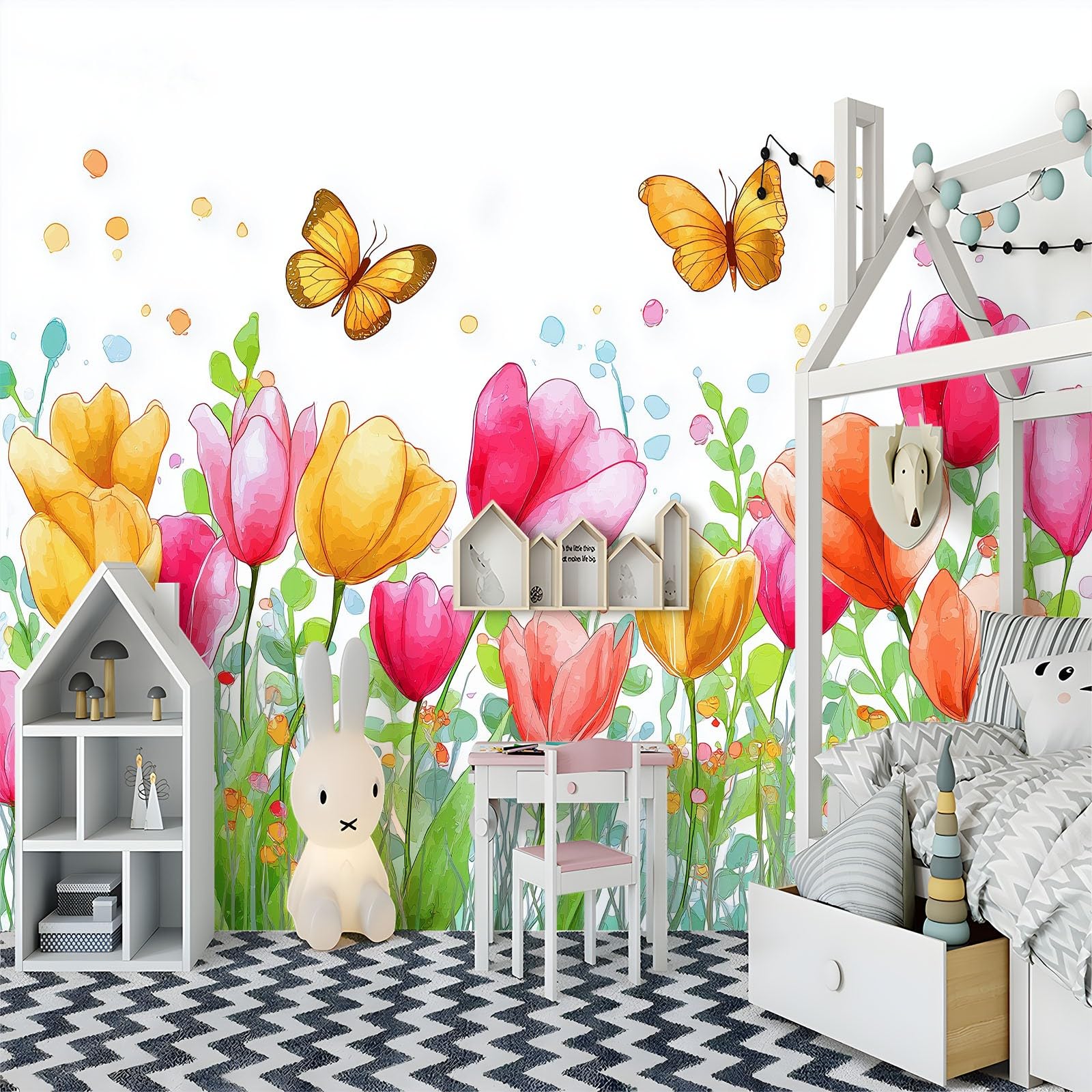 Panoramiczna tapeta akwarelowe kwiaty, wielokolorowe fototapety z włókniny motyle tulipany 350 x 256 cm dekoracja ścienna plakat obrazy ścienne - obraz 3D gobelin do salonu pokój dziecięcy