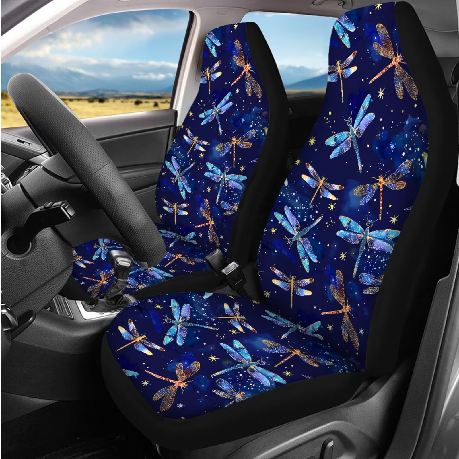 Set completo di 14 coprisedili per auto, motivo libellula blu, coprivolante con libellula fluo, imbottiture per cinture di sicurezza, sottobicchieri, copribraccioli, copertura per freno a