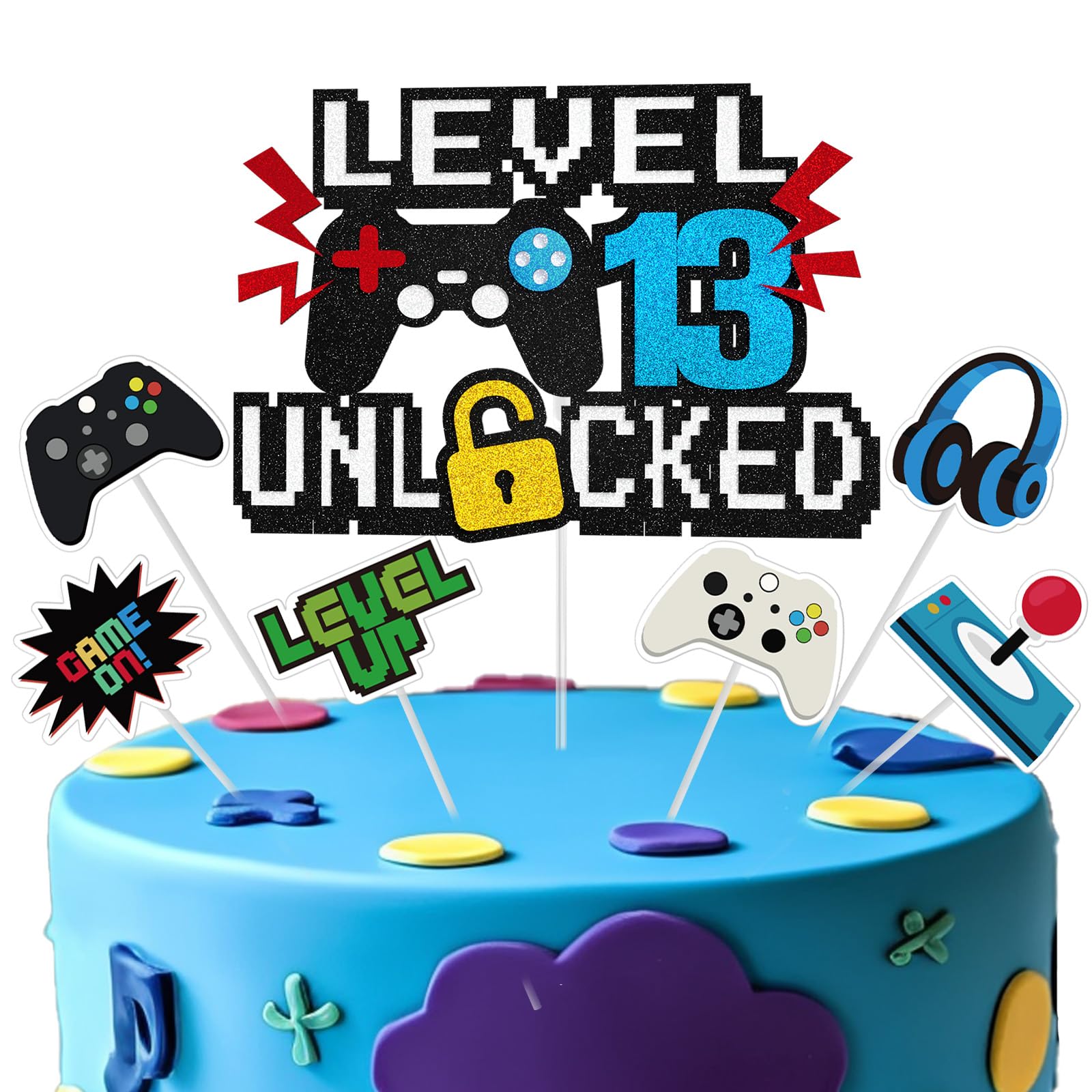 Video Game Cake Topper, Level 13 Unlocked Cake Topper, Happy 13th Birthday Game Party Decorations for Boys Girls, Video Game Controller Themed Birthday Party Supplies for Game Fans, Kids and Men