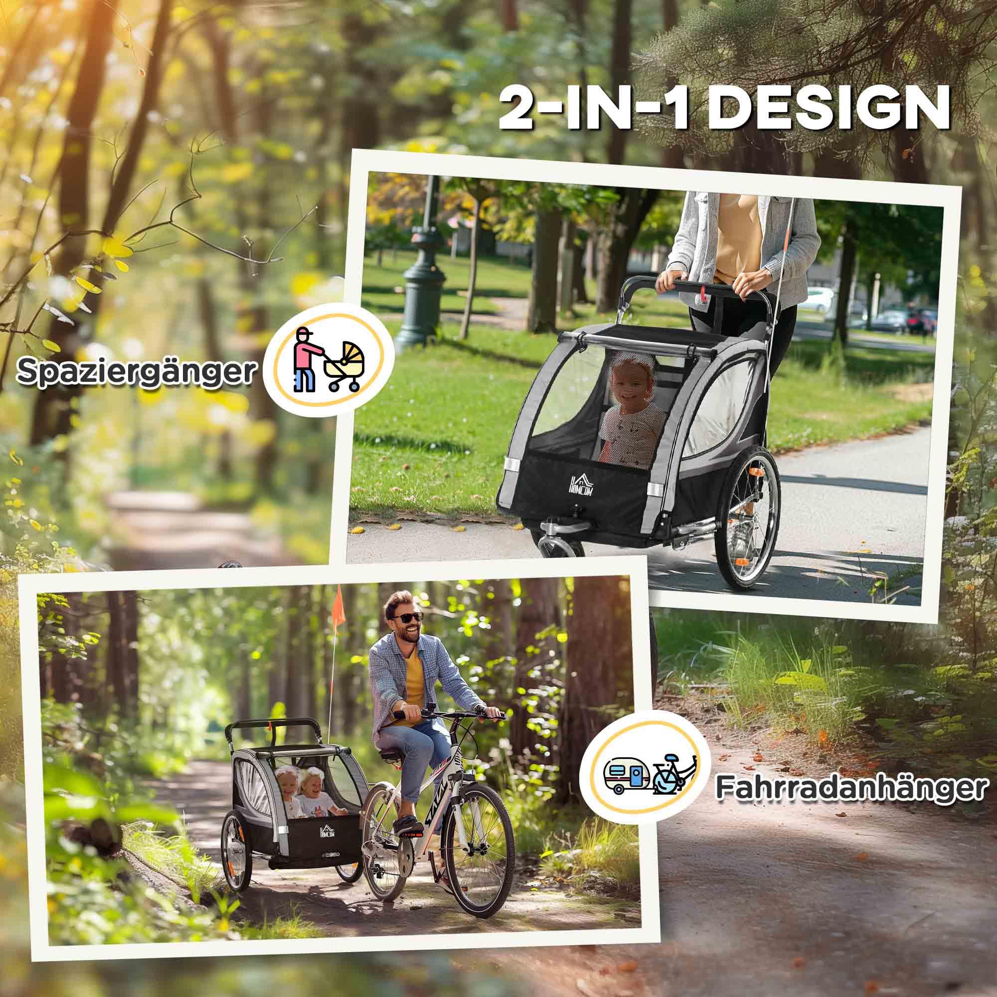 HOMCOM 2 in 1 Kinderfahrradanhänger, Kinderanhänger, Fahrradanhänger mit Mesh-Tür, 360° Drehbares Vorderrad, Buggy mit Bremse, Anhänger, 142 x 75 x 101 cm