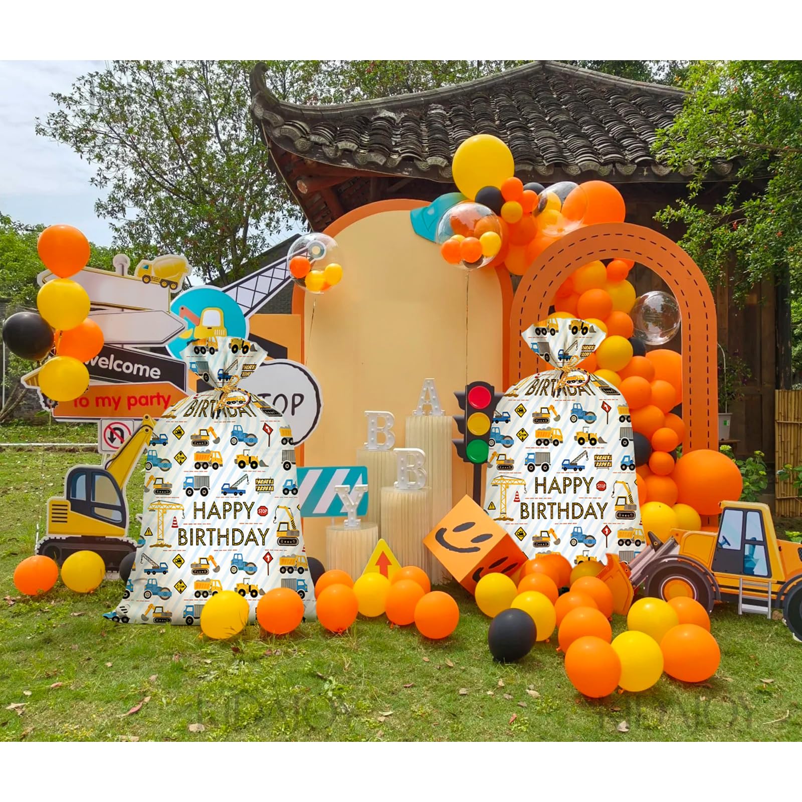 2Pcs Extra Large Construction Birthday Plastic Gift Bag for Boys 36x56 Inch Jumbo Gift Bags Trucks Excavators Cranes Vehicle-Themed Kids Happy Birthday Parties Favors Decorations