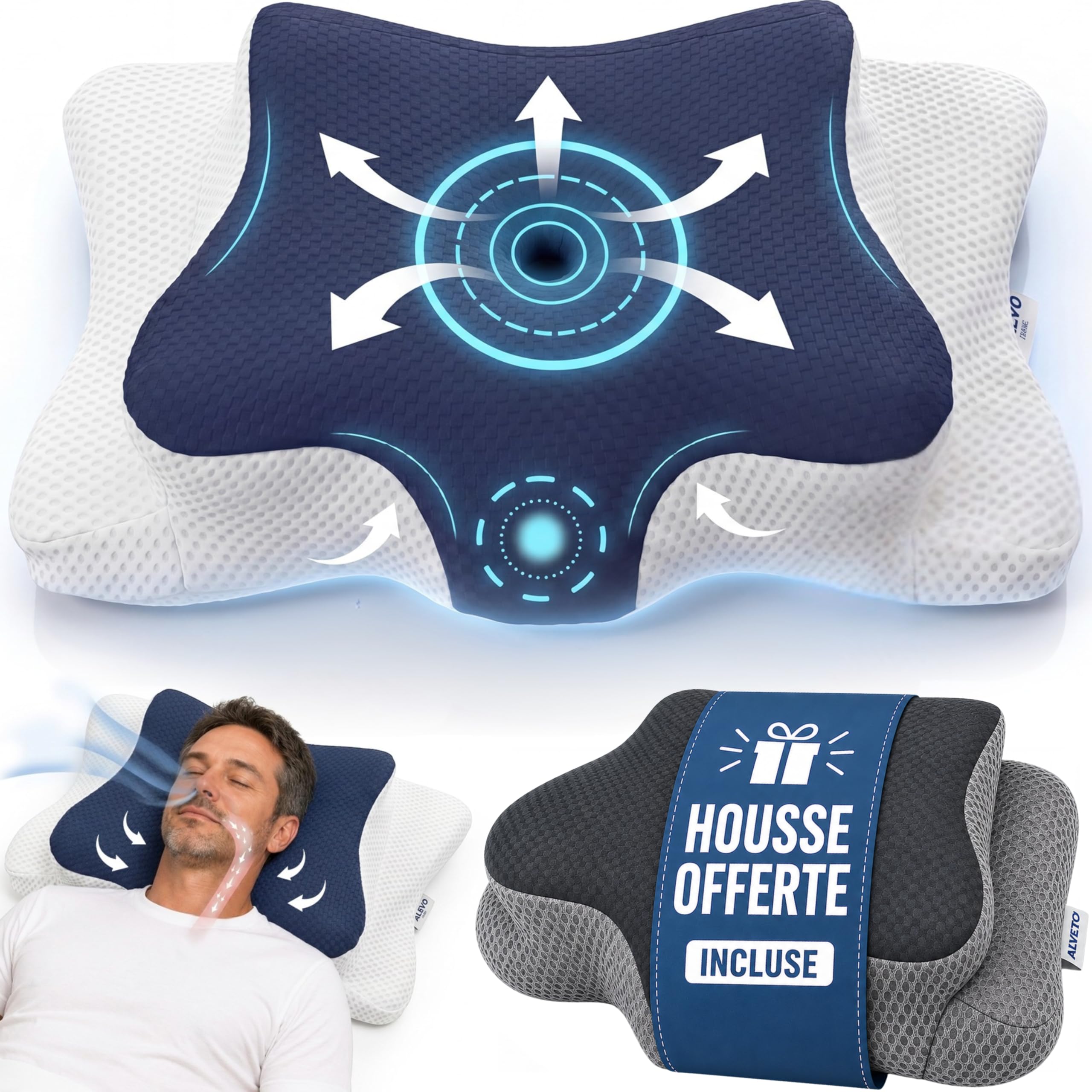 ALLEVO® Oreiller ergonomique cervical & 2 taies d’oreillers & hauteur ajustable- Coussin memoire forme, 60 x 40, Ferme, Pillow Papillon Pour Cervicales, Lit, Anti Cervicales douloureuses, Orthopédique