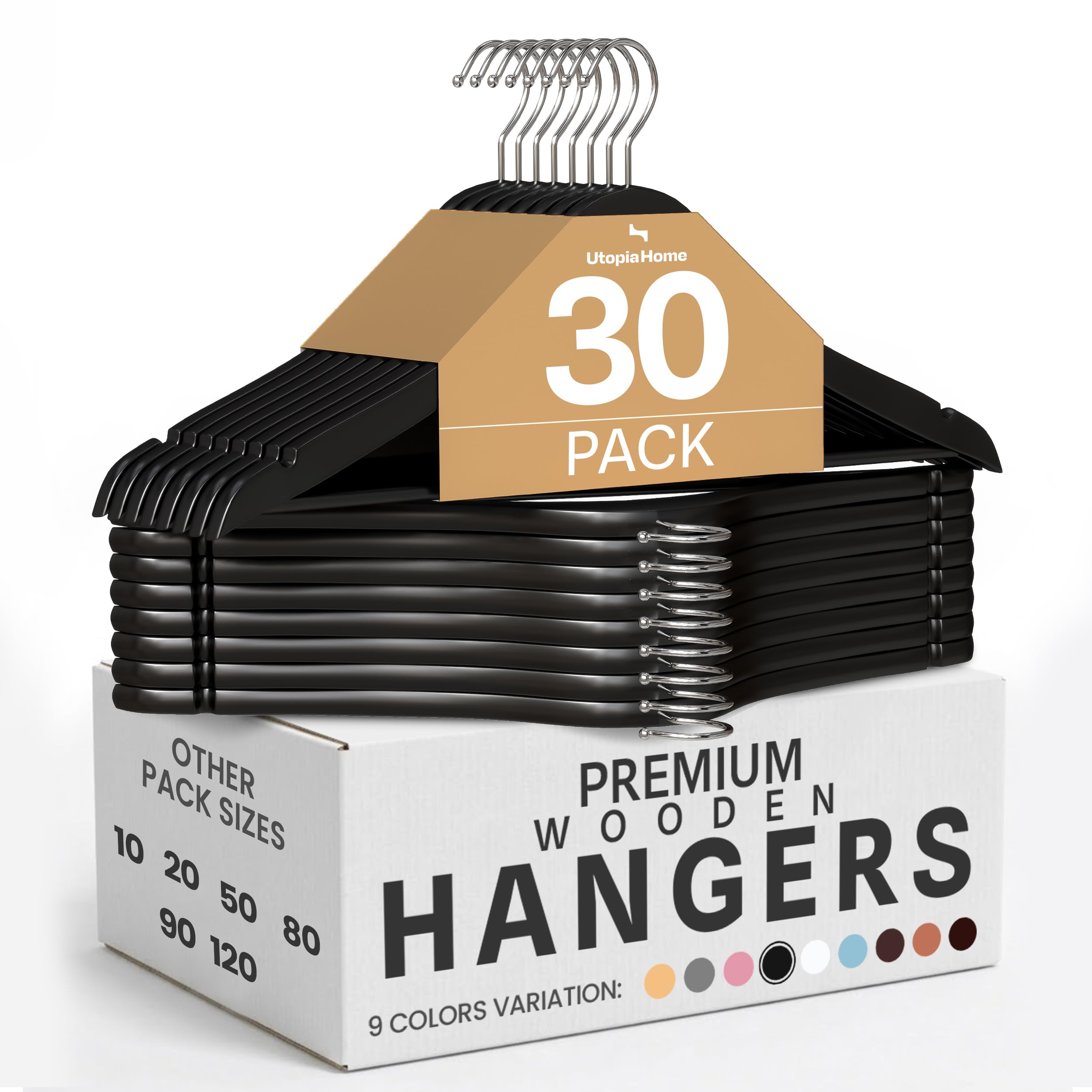 Utopia Home Premium Wooden Hangers 30 Pack - Durable & Slim Coat Hanger - Suit Hangers with 360-Degree Rotatable Hook - Wood Hangers with Shoulder Grooves (Black)
