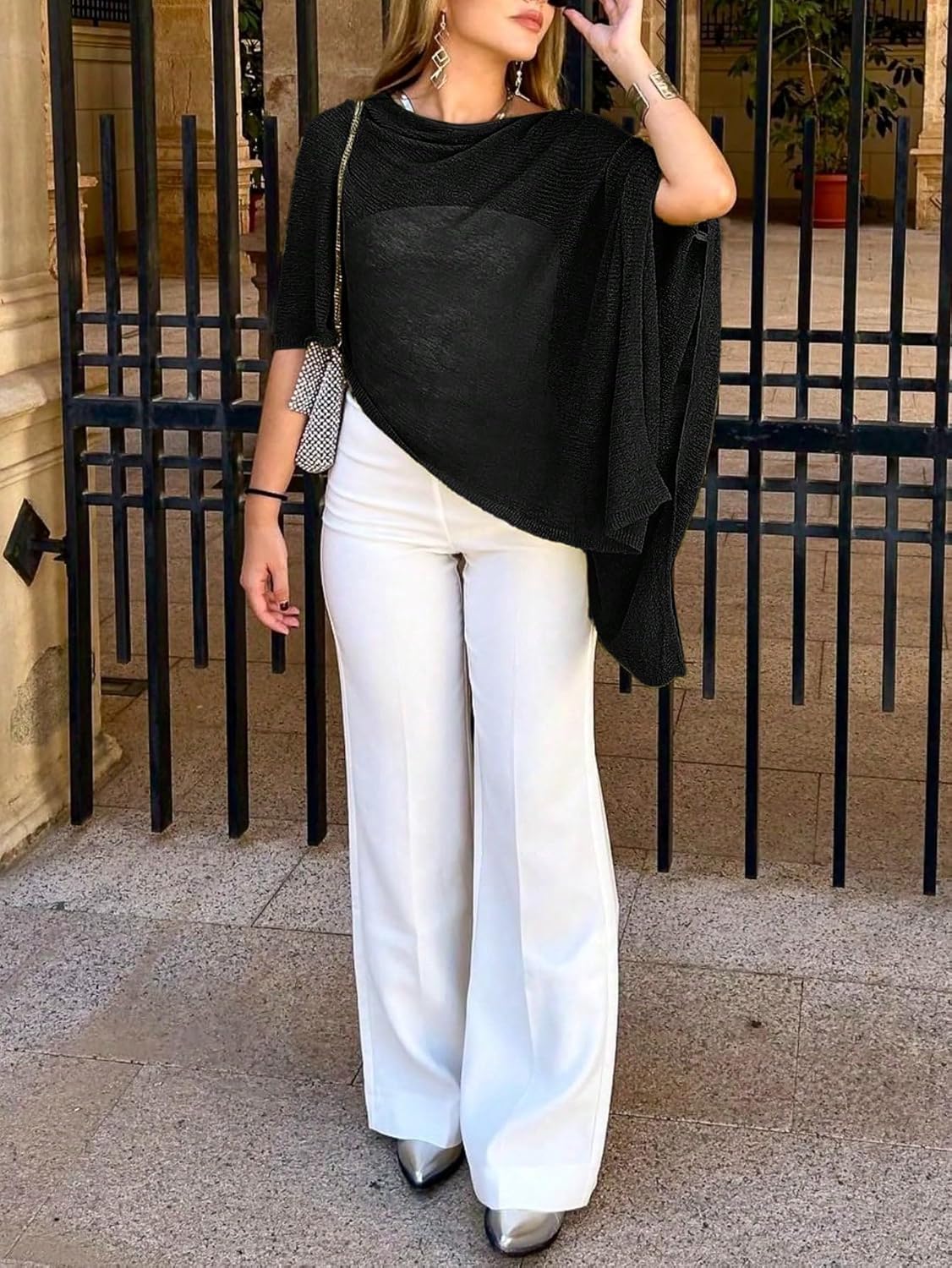 SHENHE Women's Sheer Poncho Shrug Top Lightweight Flowy Knit Sweater Poncho Pullover - Image 5