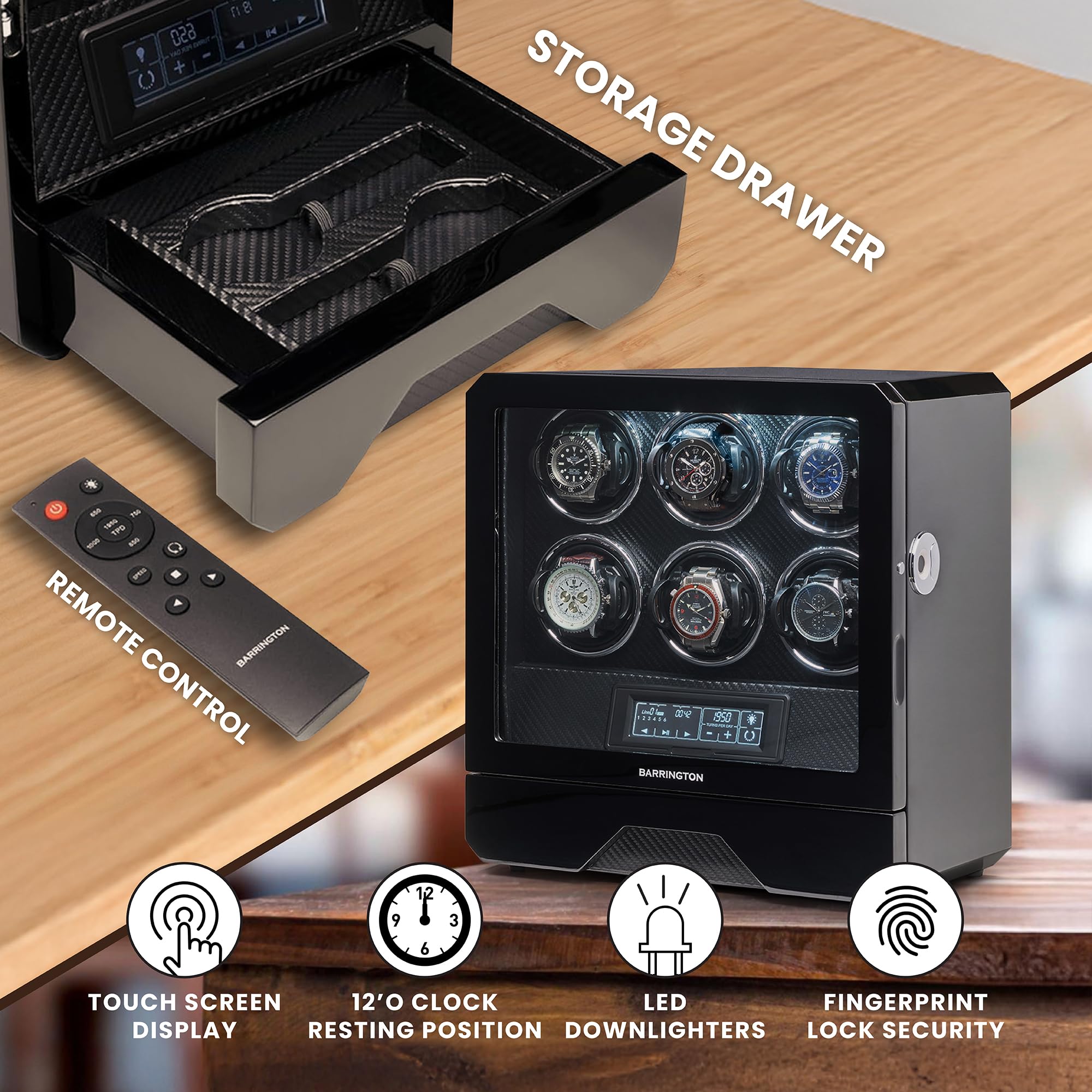 BARRINGTON Automatic Watch Winder for 6 Watches with Silent Japanese Motor | Multi Rotation & Turns Per Day Modes | LED Digital Display | Simple Touch Operation product thumbnail 7