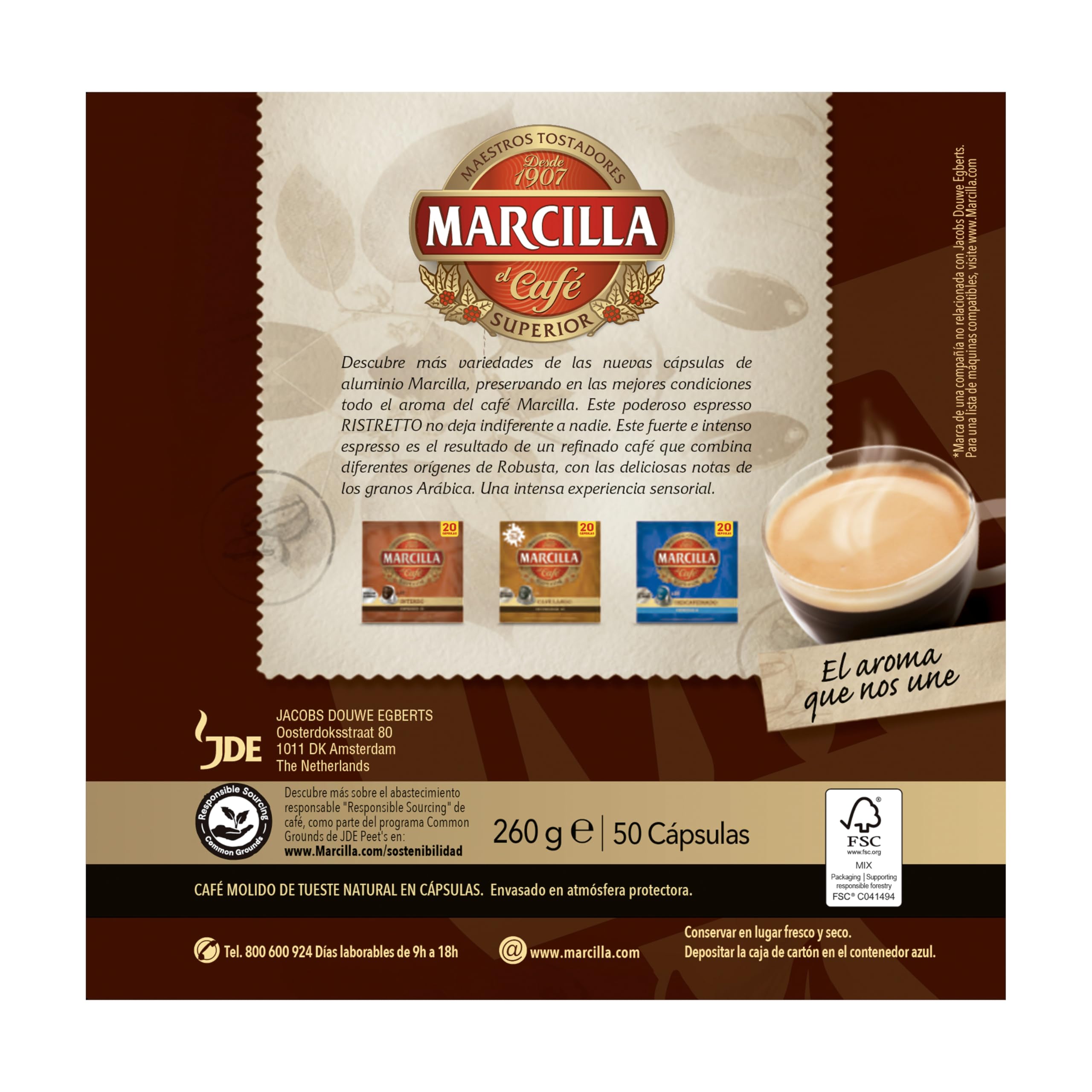 Marcilla Cápsulas de Café Ristretto | Intensidad 12 | 50 Cápsulas Compatibles Nespresso