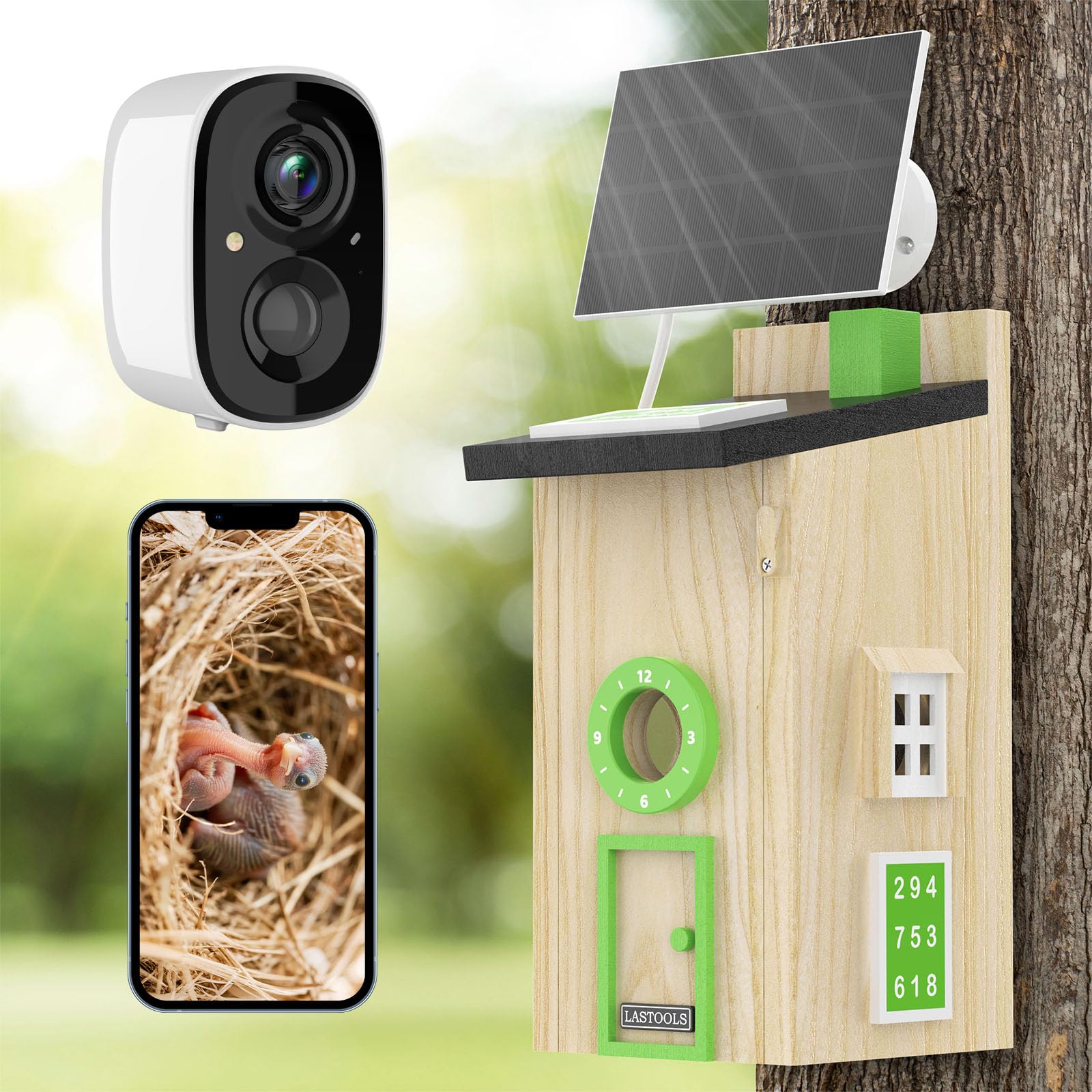 Solar Bird House with Camera - 2K HD Wooden Smart Bird Box Watch Birds Nesting & Hatching in Real Time, 2.4G WiFi Camera Inside AI Identify Bird Behavior, for Bird Lovers