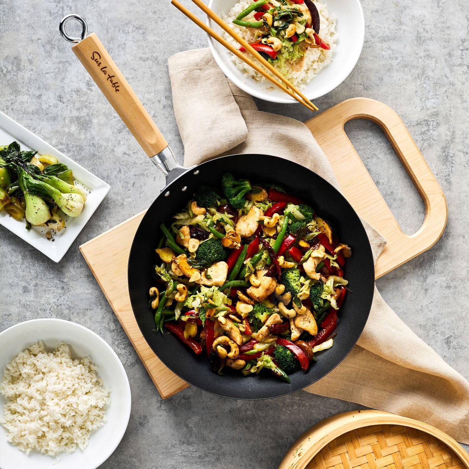 Sur La Table 12" Nonstick Wok with Maple Handle – Steel Stir-Fry Pan with Flat Bottom for Even Heating, Healthy Cooking with Little to No Oil, Lightweight and Induction Compatible