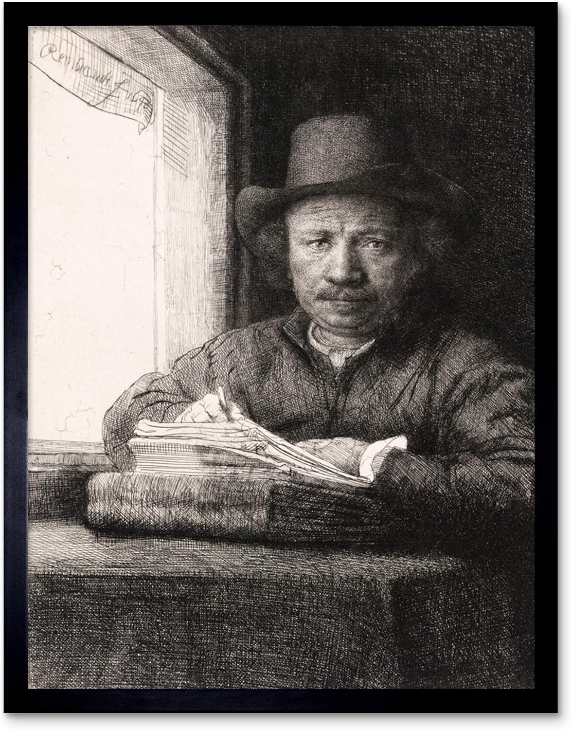 Rembrandt Self Portrait Drawing At A Window Art Print Framed Poster Wall Decor 12x16 inch