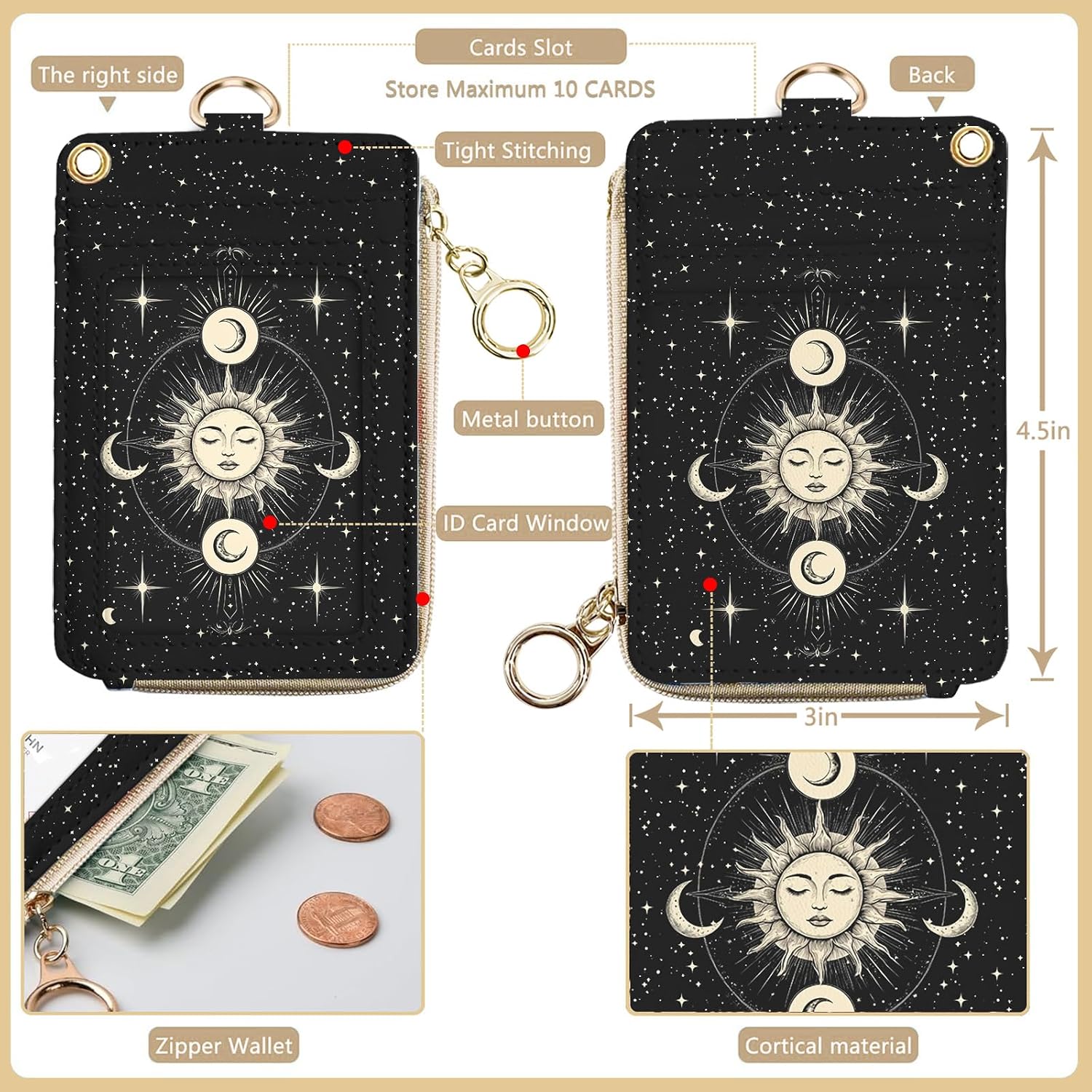 bolimoss Sun and Moon Badge Holder & Lanyard Wallet Removable Lanyards for Teacher Womens Wallet with Wristlet & Neck Lanyard, Clear Window, 5 Card Slots, Pocket,1 Side Zipper Pocket, Ring Keychain thumbnail