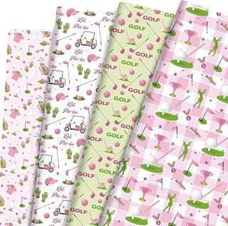 Pineraap 12 Sheets Golf Wrapping Paper, Pink Green Golf Ball Let’s Par-tee Gift Wrap Sports Gift Packing Paper for Girls Birthday Party Holiday Baby Shower DIY Crafts, 19.7 x 27.6 Inch