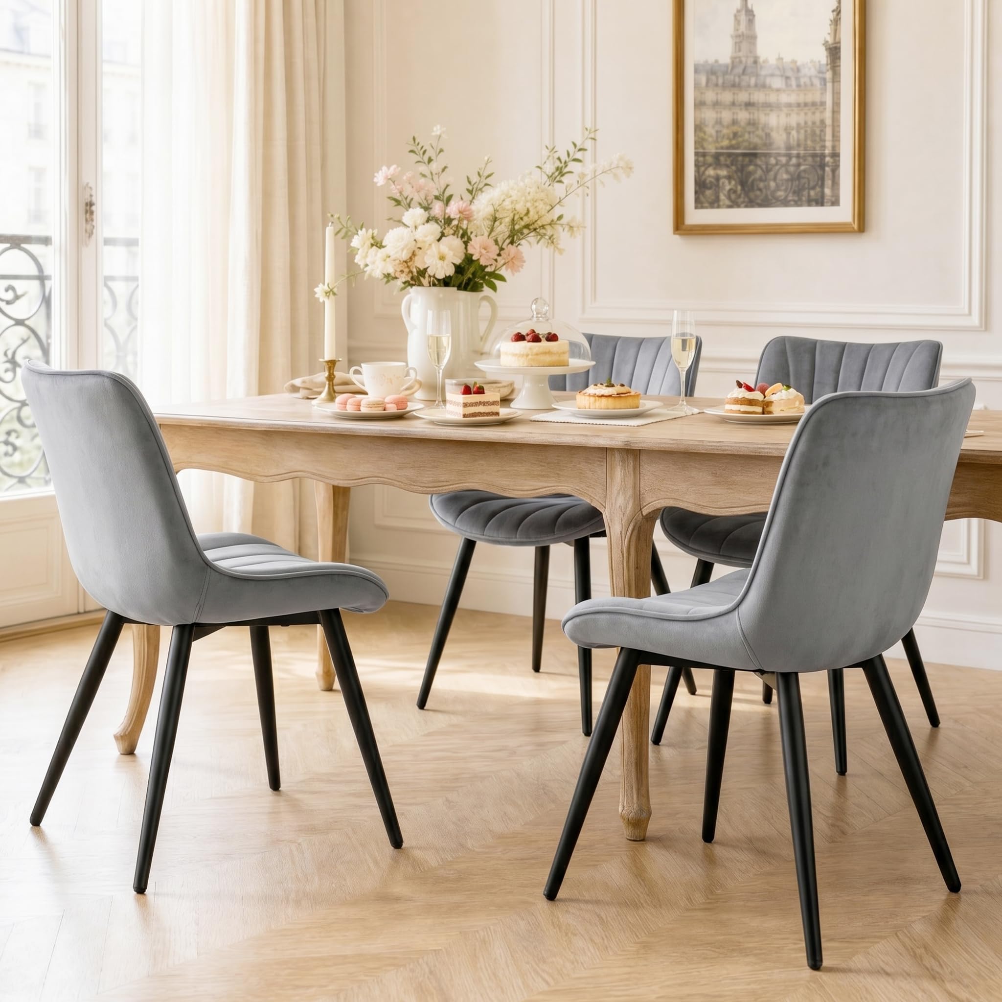 Hellove Velvet Dining Chairs with Metal Legs, Set of 4 Modern Upholstered Kitchen & Dining Room Chair with Thick Seat Cushion, Armless Accent Side Chair with Back for Vanity Living Roomβ Grey