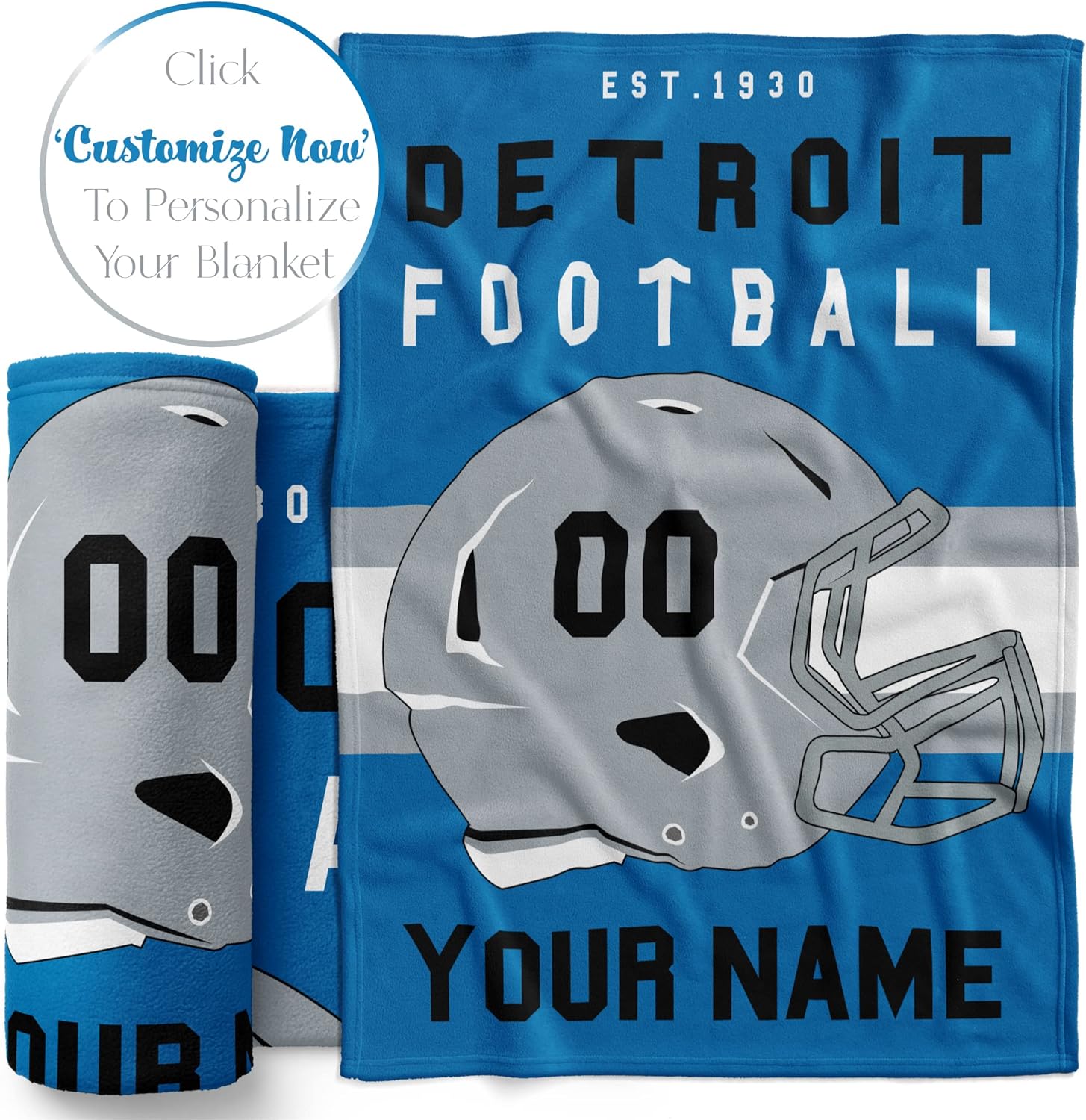 Personalized Football Throw Blanket for Kids and Adults | Warm and Soft Plush | American Football Custom Fan Gift with Helmet Number, Name, City, and Team Colors (50x60 Fleece - Detroit)