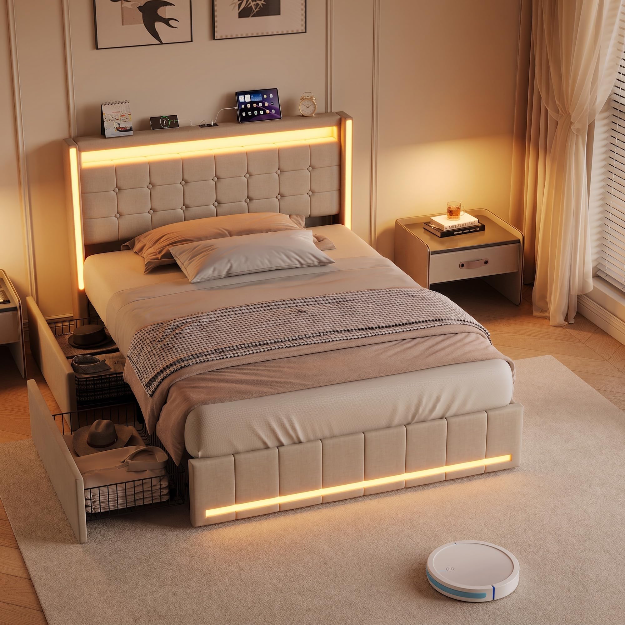 HYNHXBP Double Bed Frame 135 x 190 with Storage Drawers, LED Bed Frame with RGB Lights, USB Charging Station, Upholstered Headboard, Wooden Slats, Double Storage Bed, Beige Linen Fabric