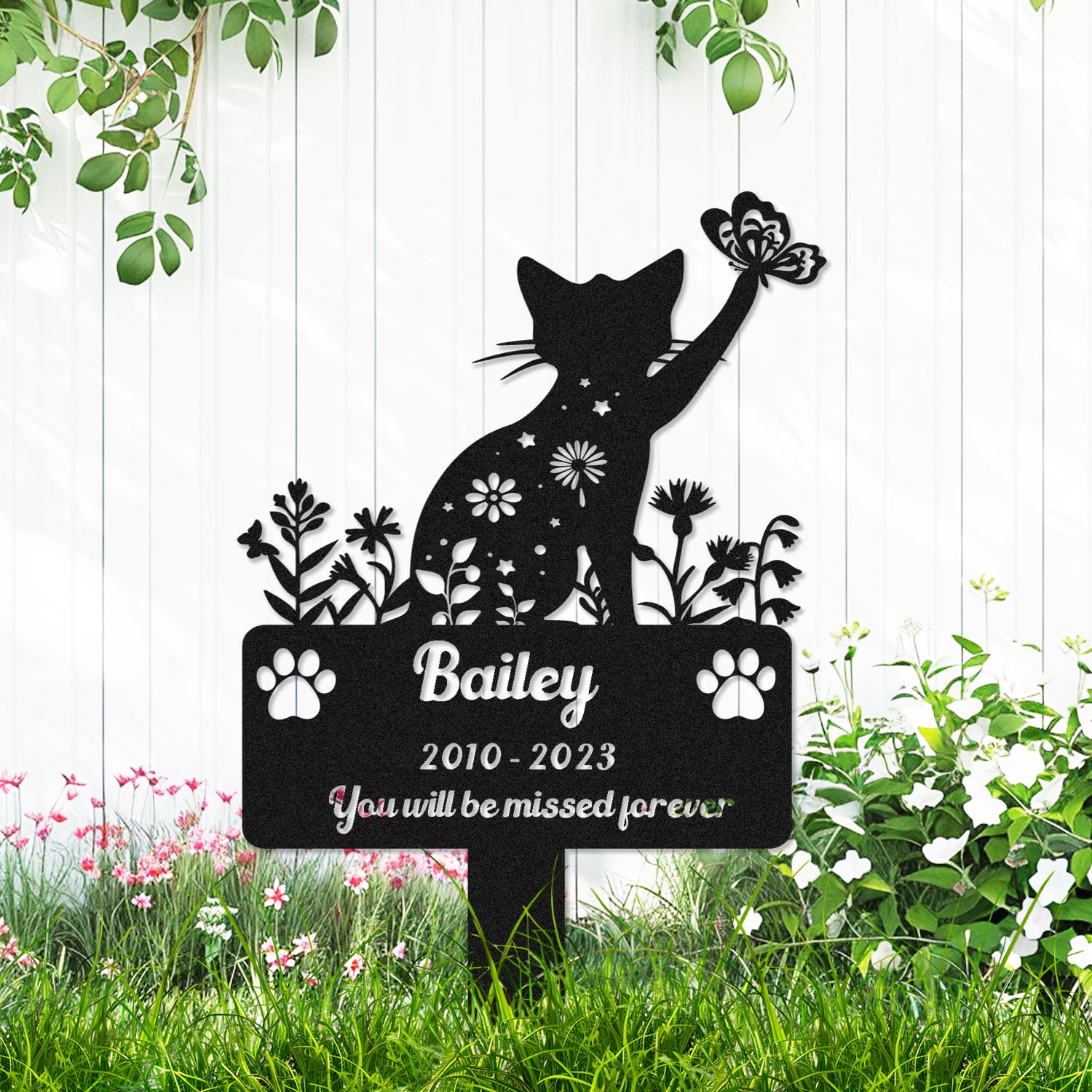 AdtHYUxq Custom Flowers Cat Grave Marker Metal Memorial Plaque for Outdoors, Personalized Butterfly Cat Memorial Garden Stake Grave Marker, Customized Cat Memorial Burial Stake Garden Decor Sign