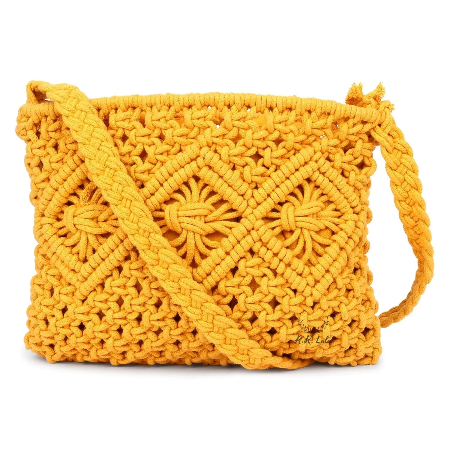 Women Macrame Shoulder Bag, Knitting Handmade Weaving Hand bag, Simple Hollow Beach Bag,White - Size: Width 25 cm x Length 20 cm Yellow Color-image-12