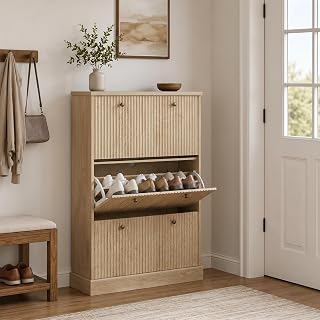 Garvee Shoe Cabinet with 3 Flip Drawers, Fluted Hidden Shoe Storage Cabinet for Entryway, Narrow Shoe Organizer with Adjustable Shelves, Freestanding Entryway Storage Cabinet for Hallway, Natural Oak