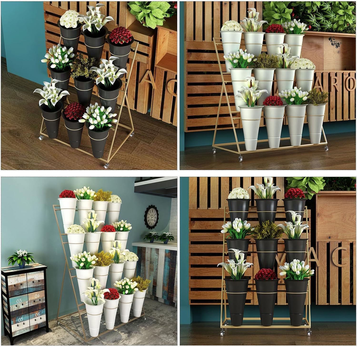 Élégant Support à Plantes d'extérieur en métal sur roulettes, étagère à Fleurs Noire/dorée/Blanche de 100 cm (39,4 po) pour Balcon et Jardin, présentoir à Plantes Polyvalent pour l'intérieur
