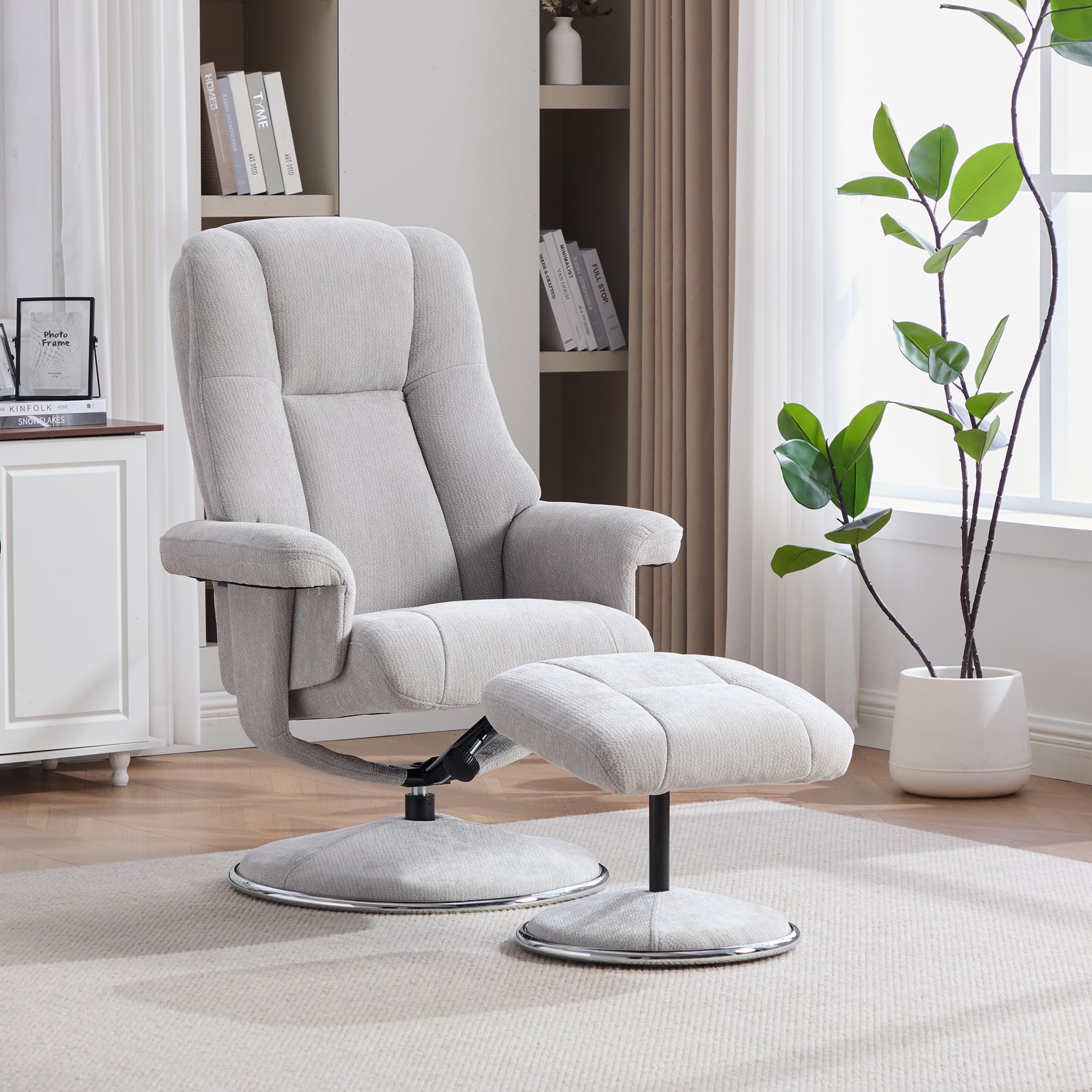 REXO Poltrona relax girevole multifunzionale con sgabello, tessuto di ciniglia, base interamente in metallo, rivestita in tessuto, estetica, stabile e affidabile, colore grigio