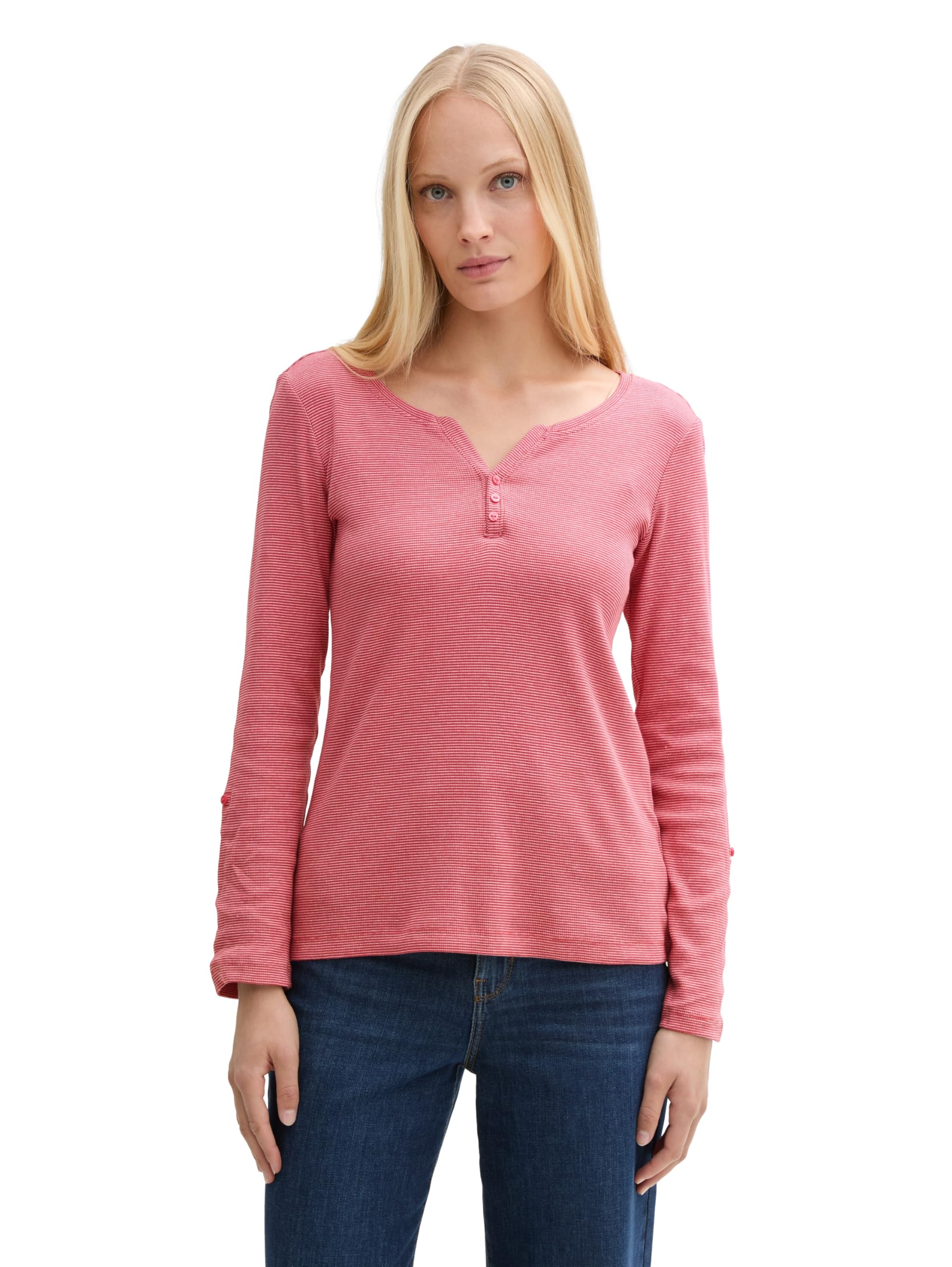 TOM TAILOR Damen Henley Longsleeve mit Streifenmuster