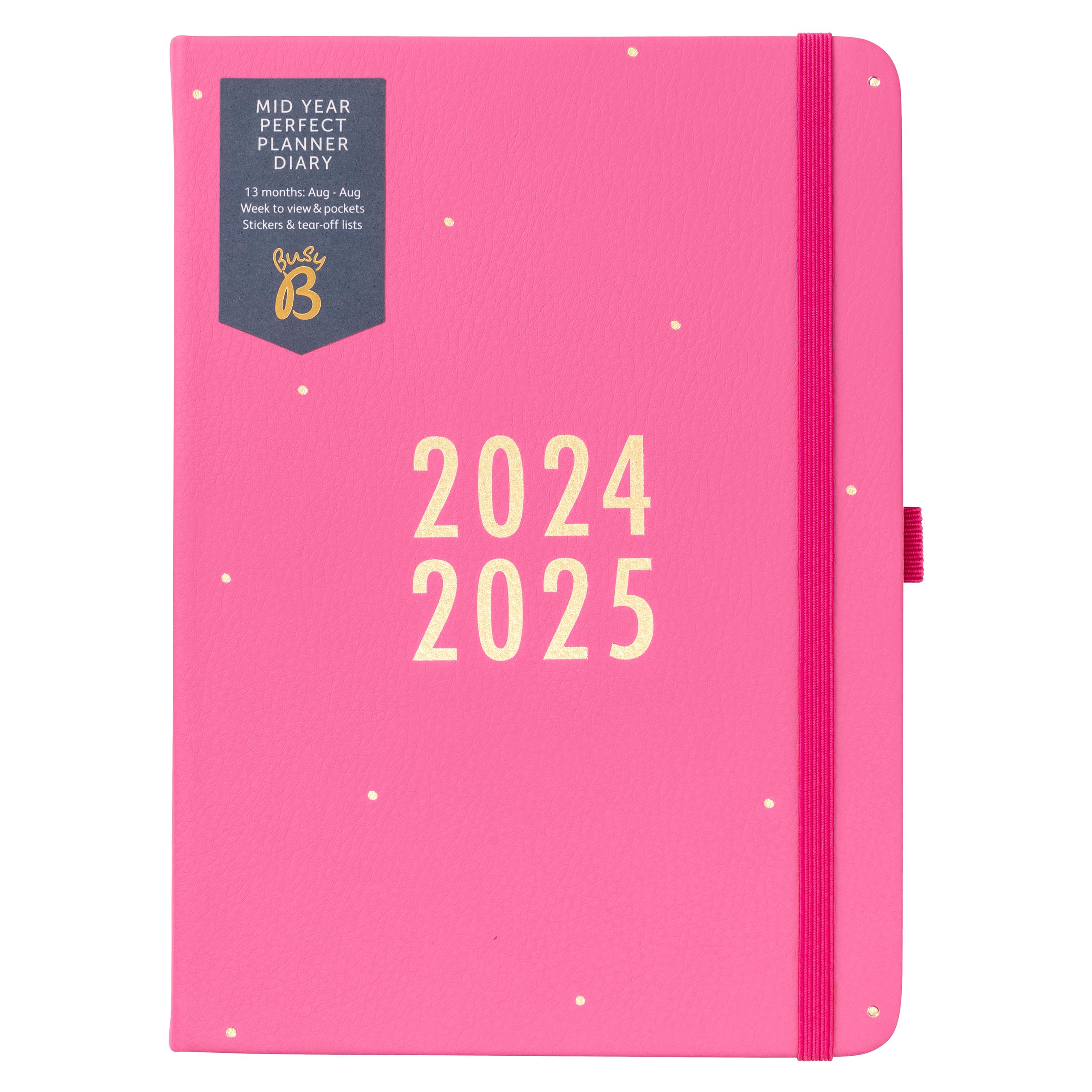 Busy BMid Year Perfect Planner Diary August 2024 - August 2025 - Pink Faux Leather A5 Week to View Planner with Stickers, Pen Holder and List Pad