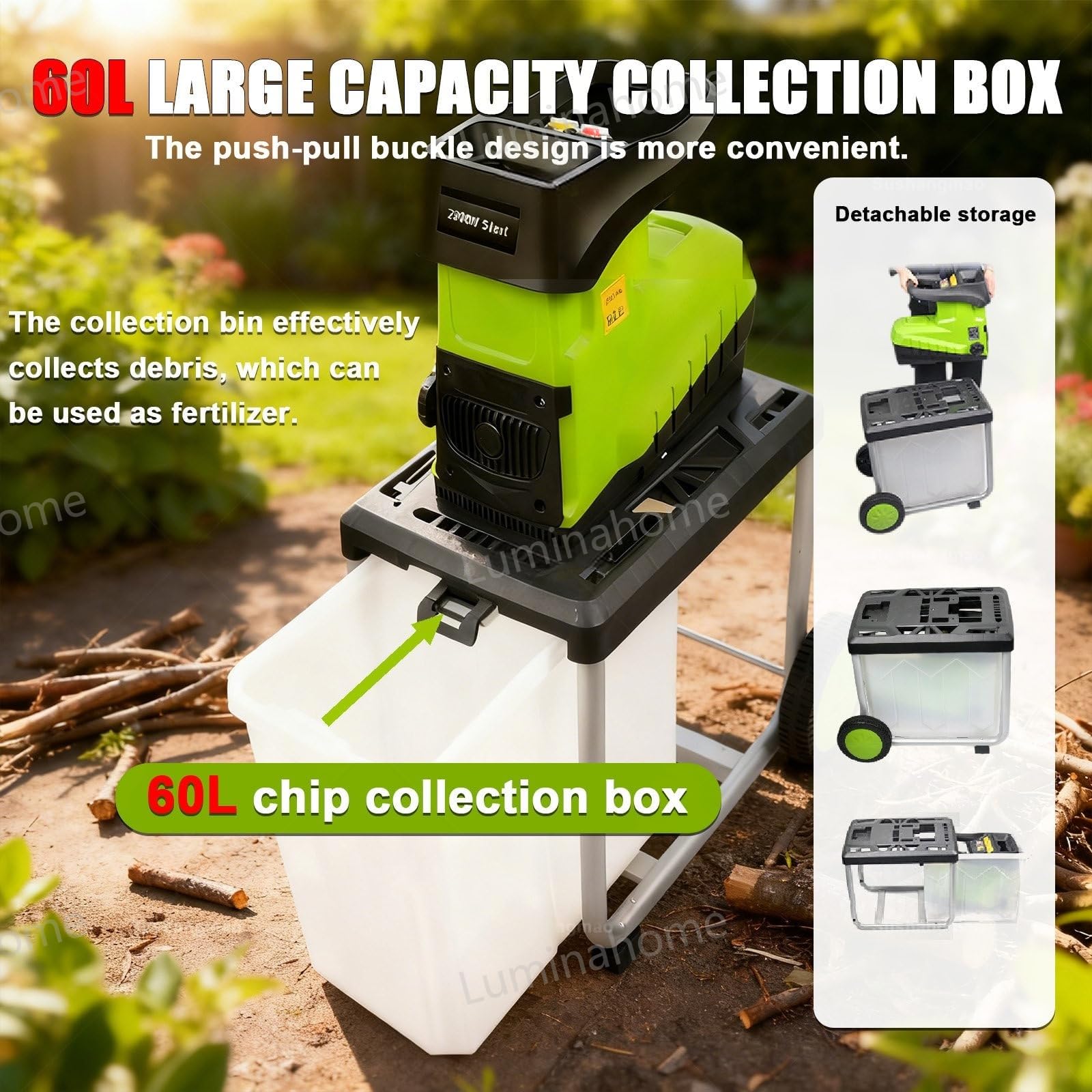 Trituradora eléctrica de jardín con caja de recolección de 60 litros y protección contra sobrecarga, capacidad de rama de 45 mm, ideal para triturar desechos de jardín y ramas, cabezal de corte de