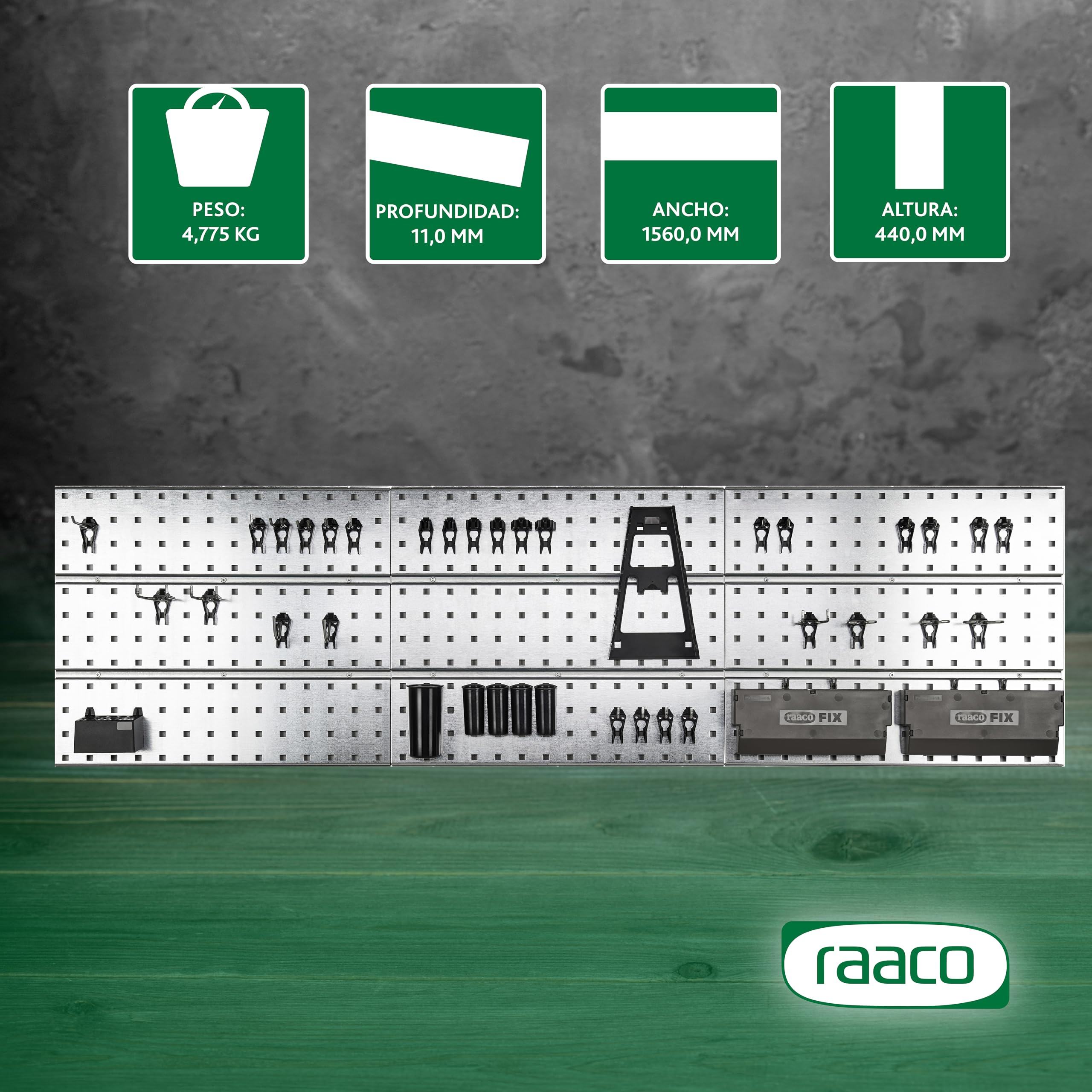 raaco 3 TWP Set, Panel Perforado Galvanizado con 44 Ganchos SuperClip, 156 x 44 cm, 225 kg Capacidad, Organizador de Herramientas, 3 Tableros Perforados Panel Herramientas para Taller y Garaje