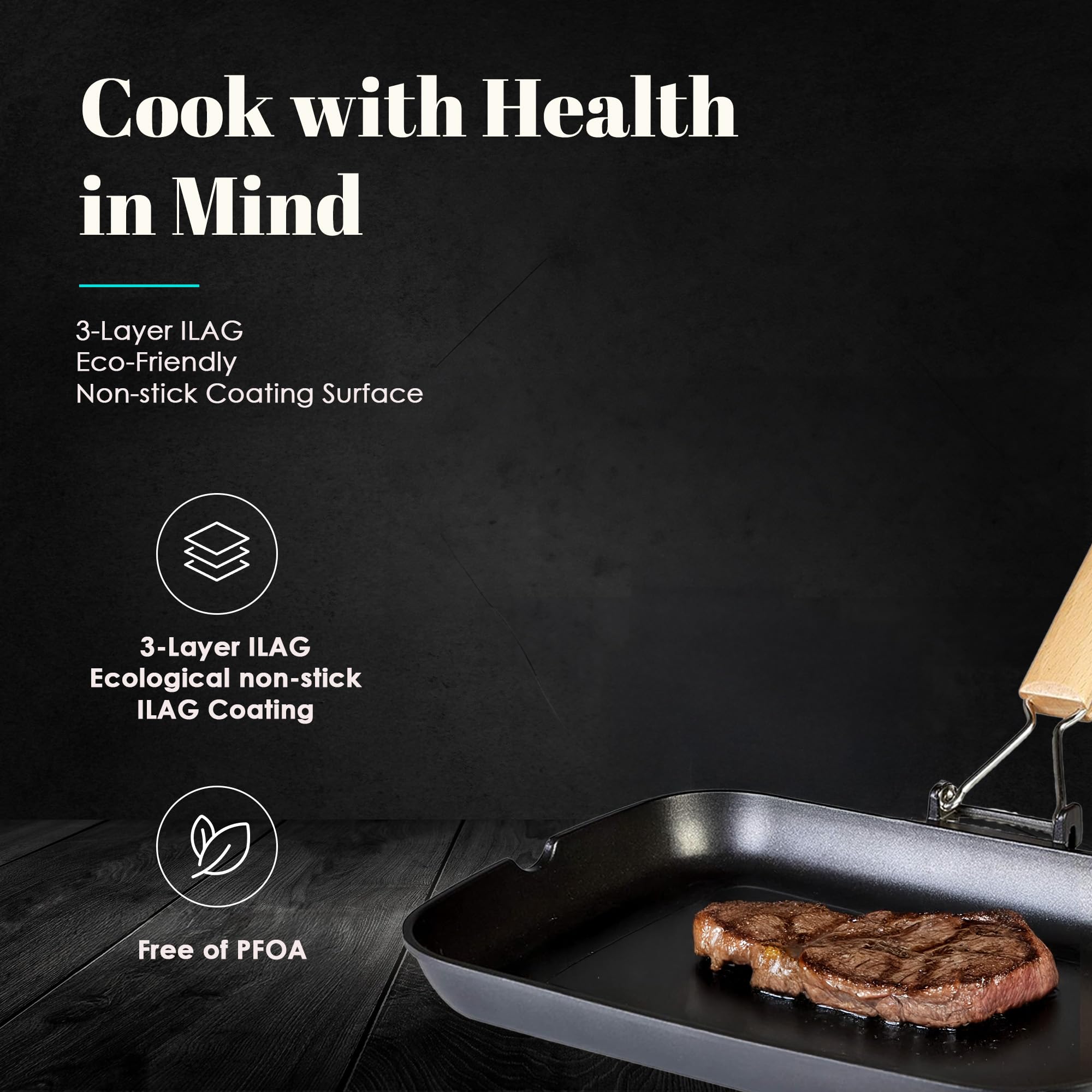 WECOOK! Ecostone Grill Asador Inducción Liso 34 X 24cm, Antiadherente ILAG Ecológico sin PFOA, Aluminio Fundido, 5mm Espesor, Mango Madera Plegable, Apta Todas las Cocinas Vitrocerámica, Gas