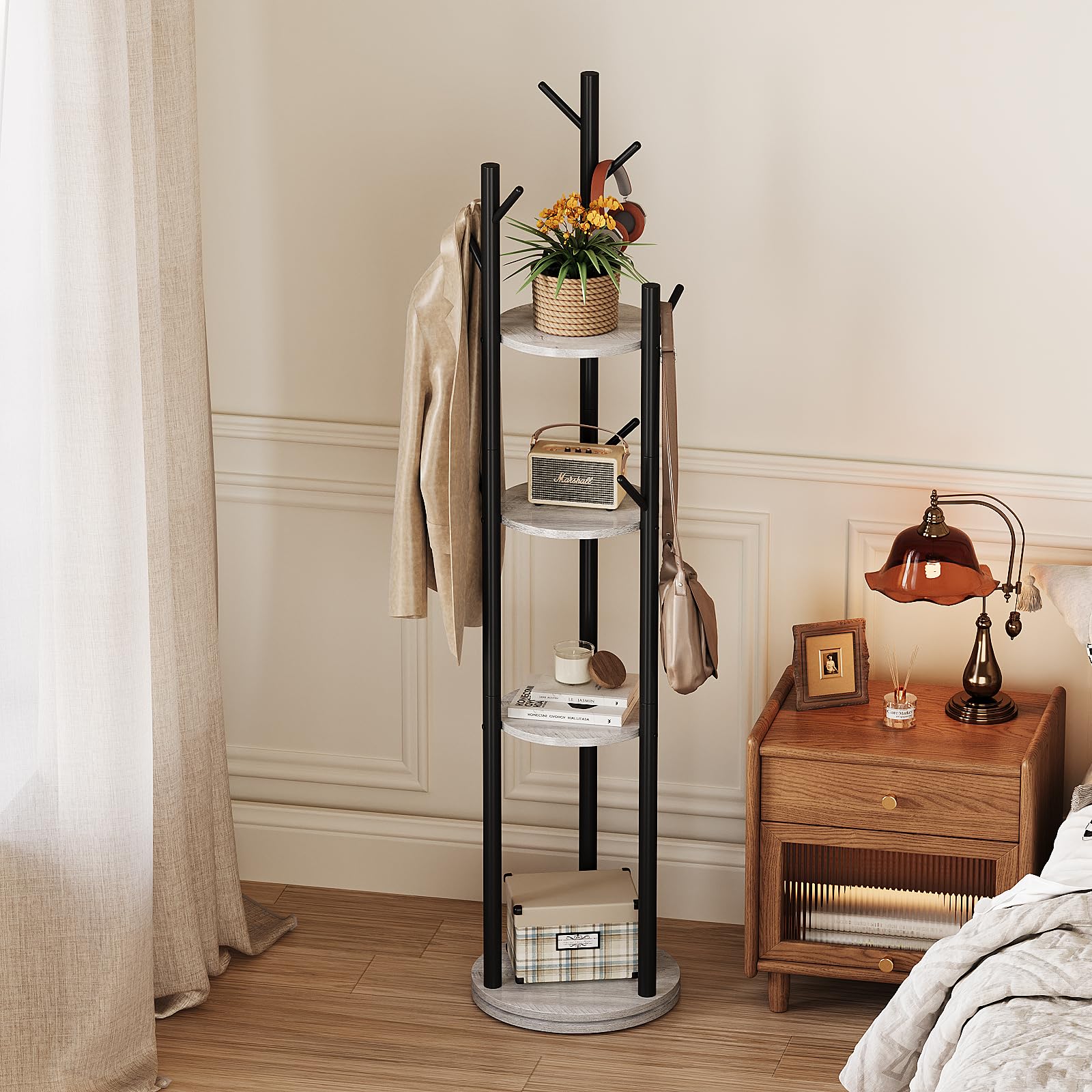 Espelism Rotary Coat Rack Freestanding Metal Coat Hall Tree Stand with 4 Tiers Storage Display Shelf and 9 Hooks for Entryway Bedroom Corner Office