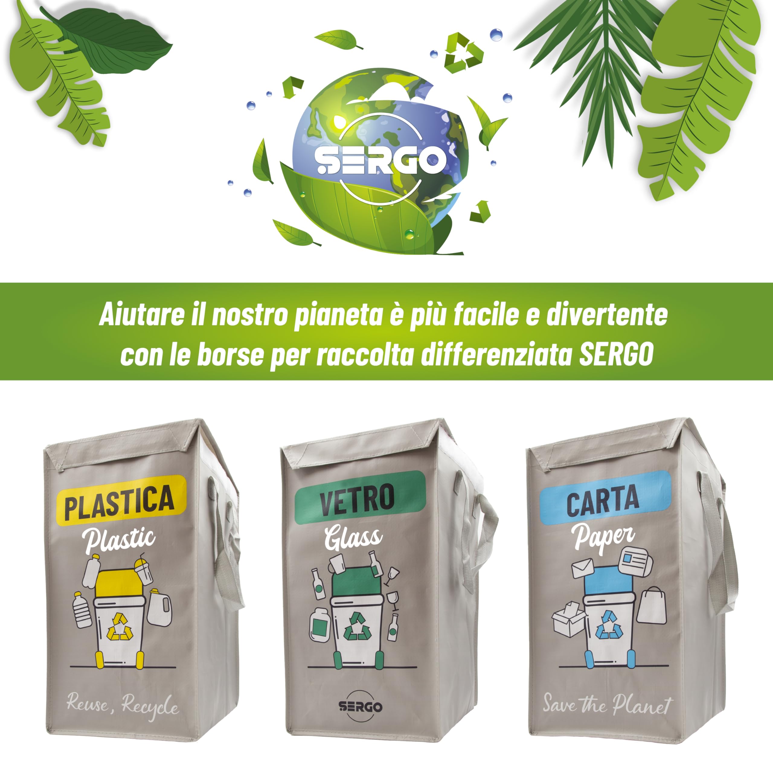SERGO Borse Raccolta Differenziata con Coperchio - Contenitori Differenziata Interno e Esterno per Plastica, Carta e Vetro - Pattumiera differenziata 3 scomparti color Grigio chiaro