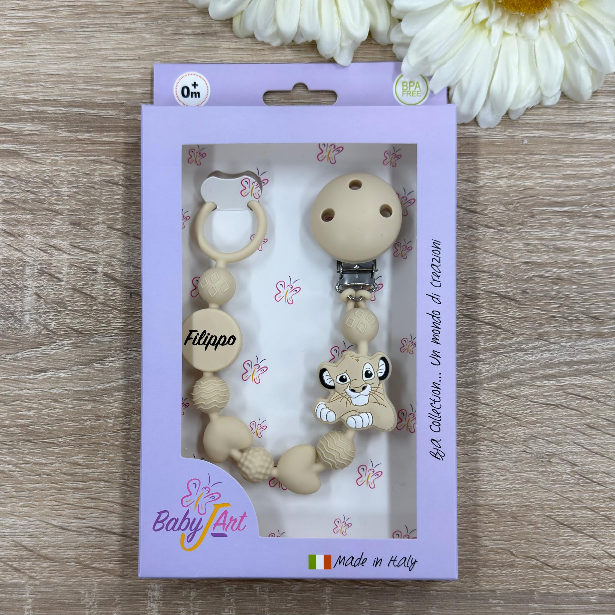Cadena para chupete de silicona personalizada con nombre – Modelo Bubble Charm – Clip seguro – Idea regalo nacimiento – León