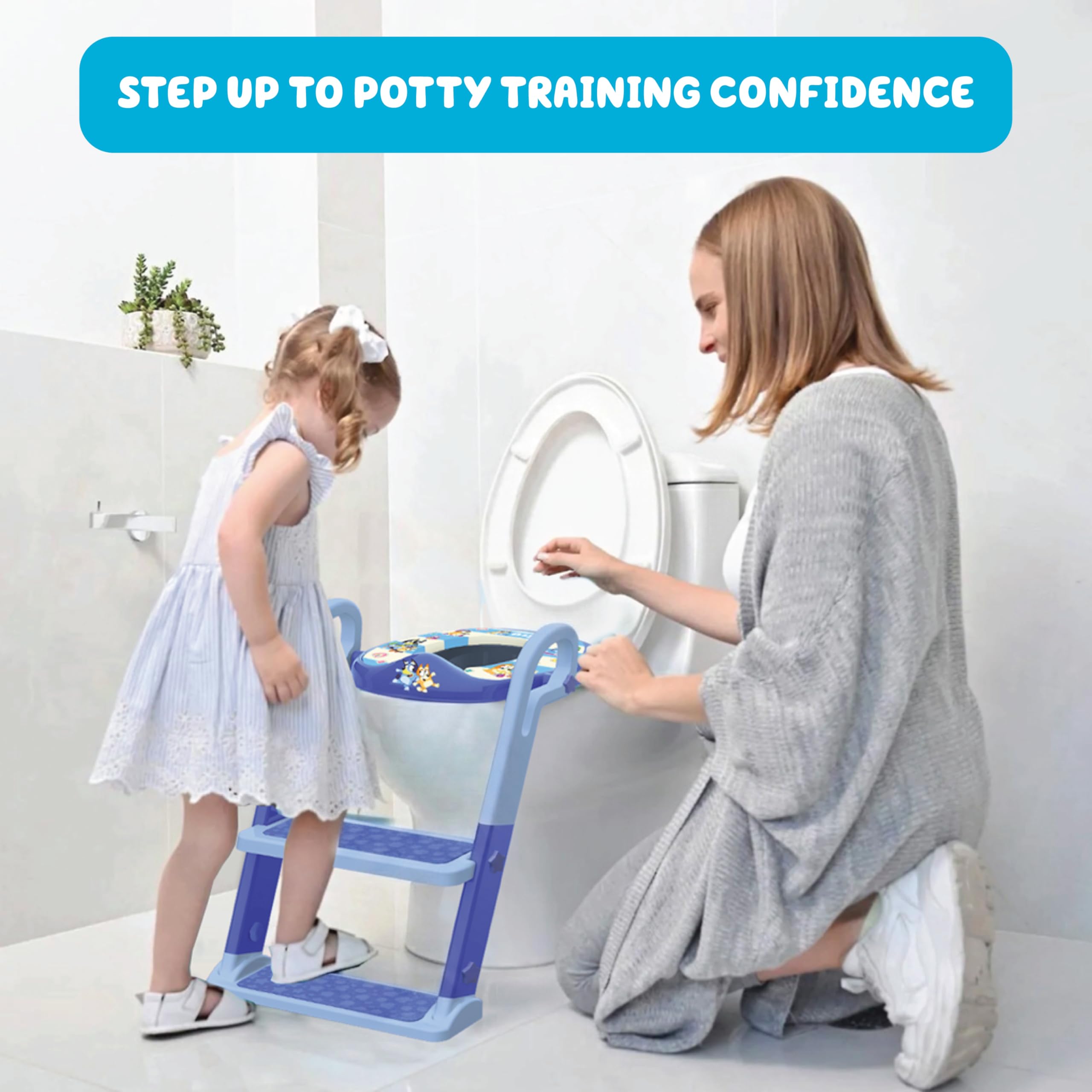 Bluey Step & Sit Töpfchentrainer; sichere Leiter für kindersichere Kletterungen zum Töpfchen; lustige blaue Bilder auf gepolstertem Töpfchensitz; verstellbare Leiterhöhe; abnehmbarer Sitz zur