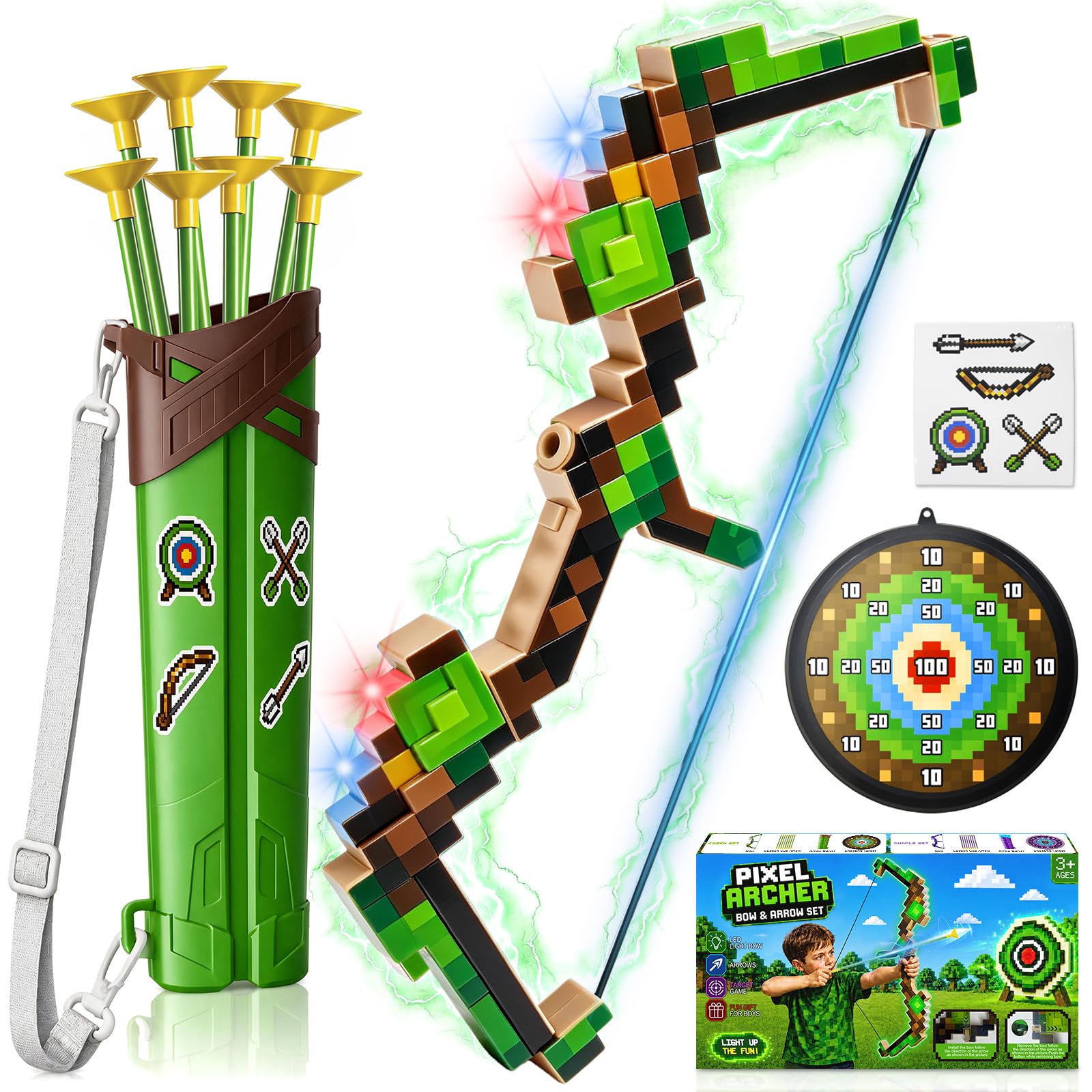 Bow and Arrow Set Kids Toy Set with LED Lights & Target,Pixel Theme Kids Toys Gifts for 4 5 6 7 8 10 12 Year Old Boys Shooting Games Birthday Presents for 5 6 7 8 9 10 12Year Olds Boys (GREEN)