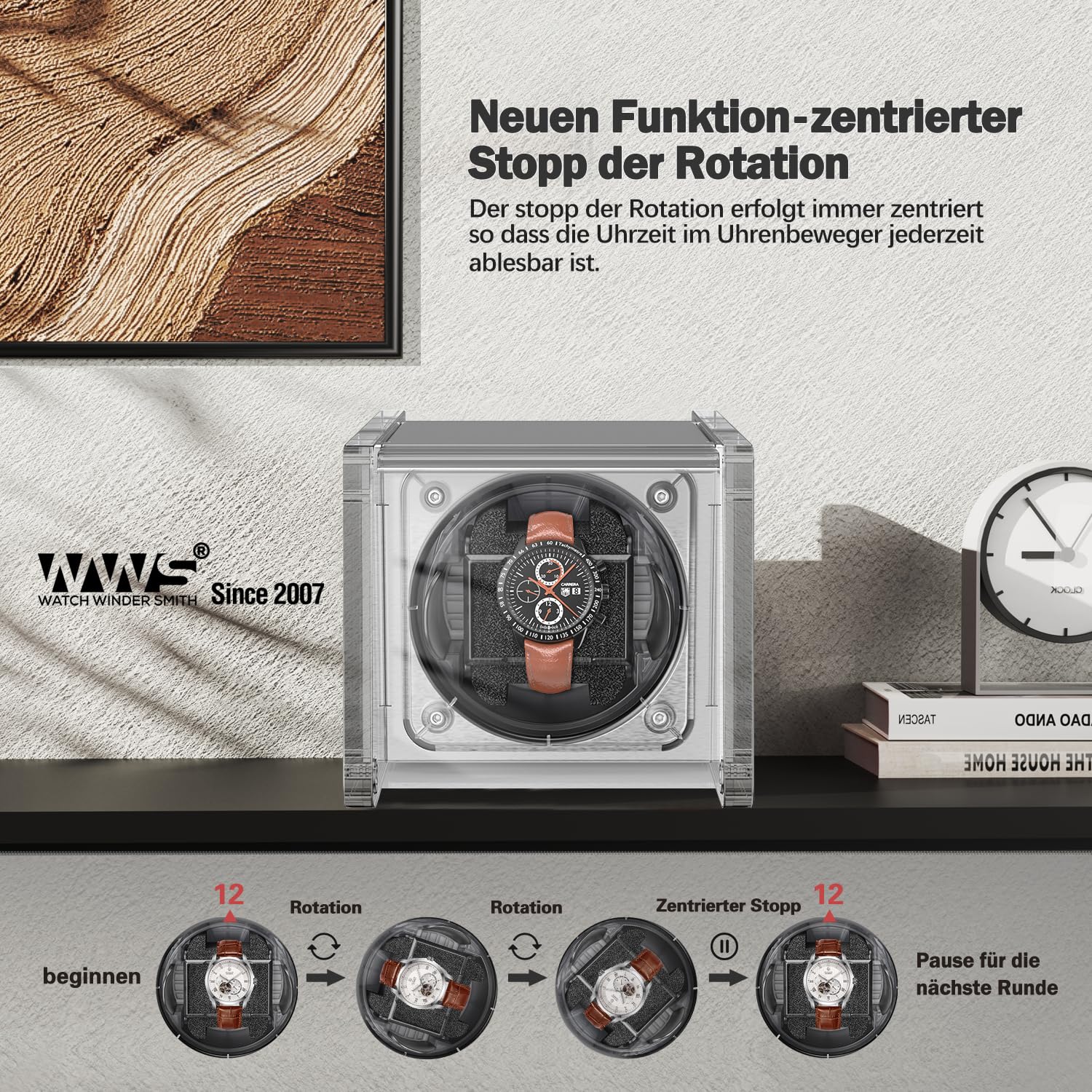 Watch Winder Smith Uhrenbeweger mit Mittelrotationsstoppfunktion - Uhrenbeweger für 1 Uhr - für großen Herren Automatikuhren