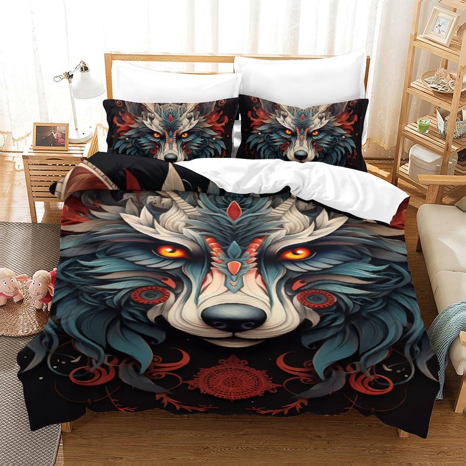 Housse de couette loup 140x200cm microfibre anti-plis literie ado lit simple fermeture éclair