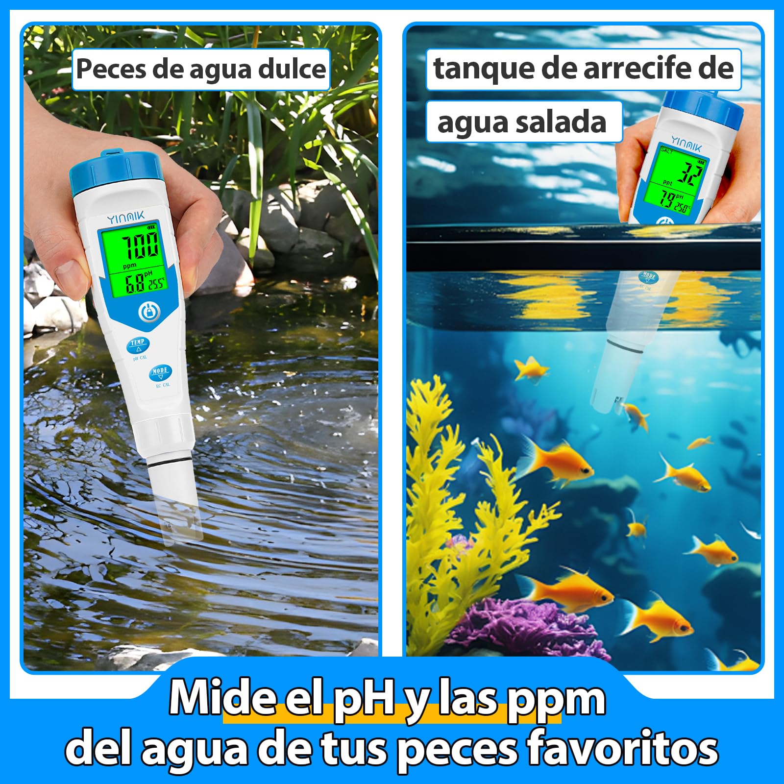 YINMIK Piscinas Medidor de Salinidad Digital 5 en 1 | Medidor de pH TDS EC Sal con Solución Calibración pH Visualización Simultánea de Sal y pH para Piscina Acuarios Hidroponía