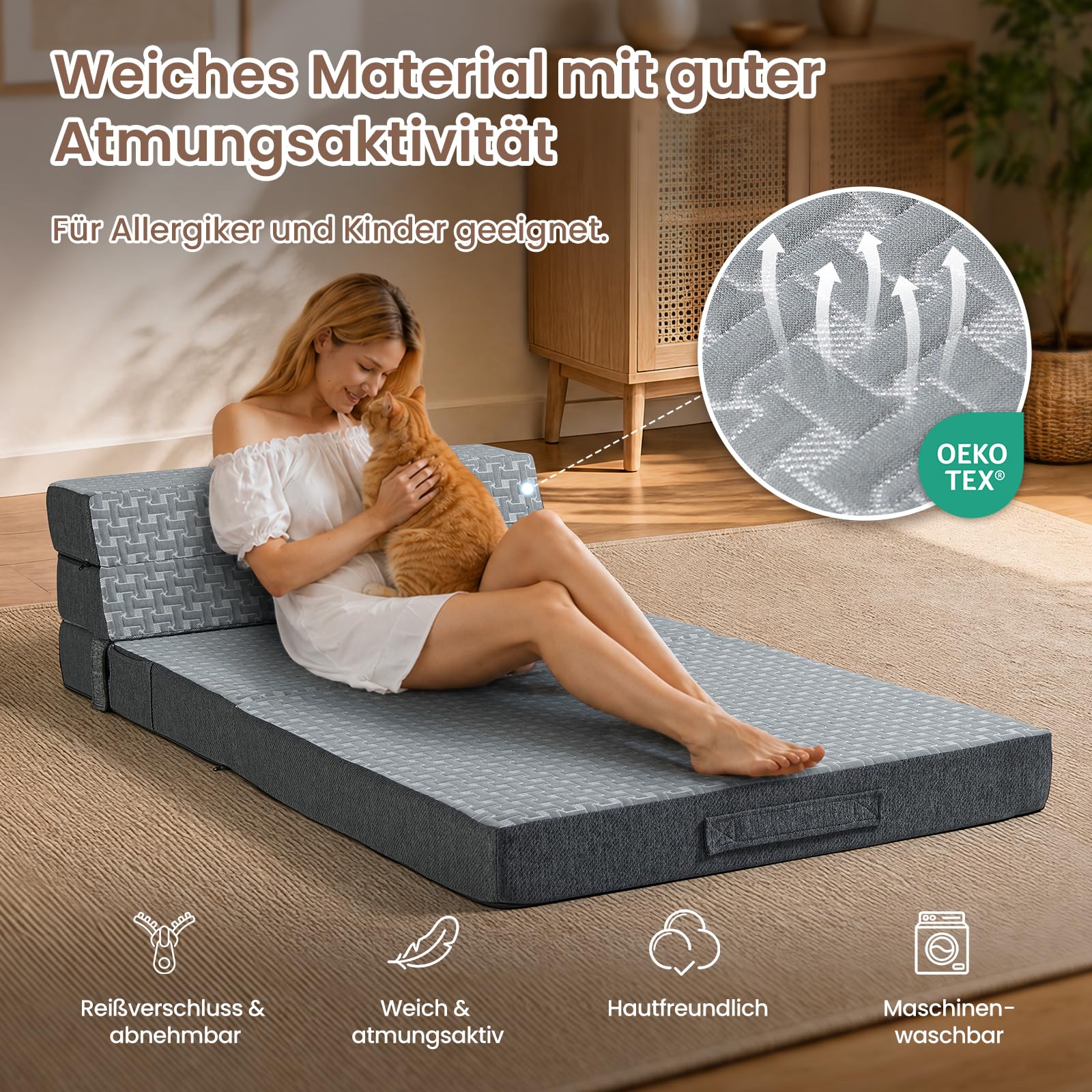 Faltmatratze 75x195x10cm, 3-in-1 Schlafsofa Gästebett Klappbar