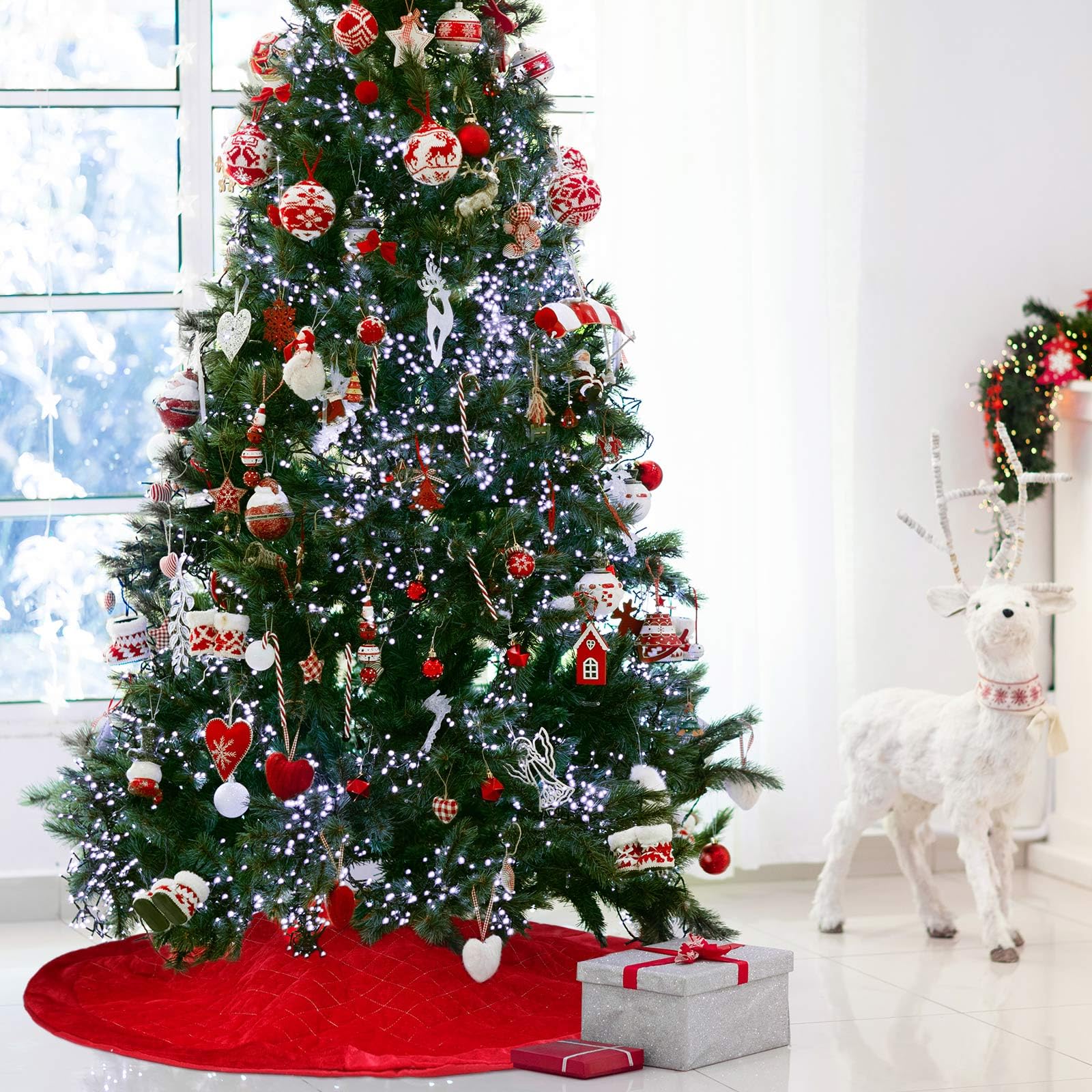 Outus Gonna per albero di Natale, 91 cm, in velluto rosso, lussuosa, in peluche, con reticolo centrale, decorazioni natalizie, tappetino per albero di Natale, decorazione per interni ed esterni,