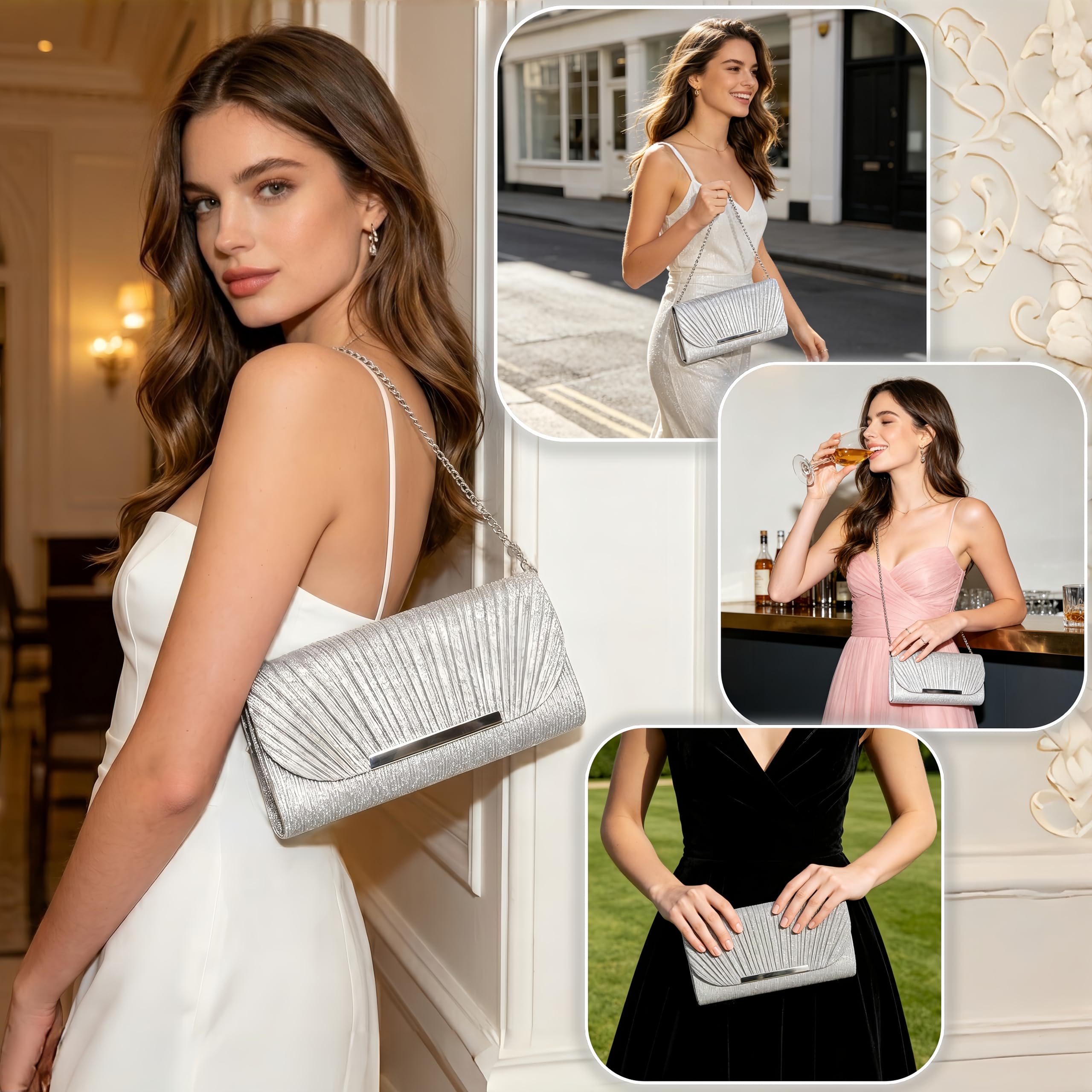 Aryan Damen Clutches, Clutch, elegante Abendhandtaschen für Frauen mit abnehmbarer Kette, Pailletten-Tasche für Hochzeit, Braut, Abschlussball, Party