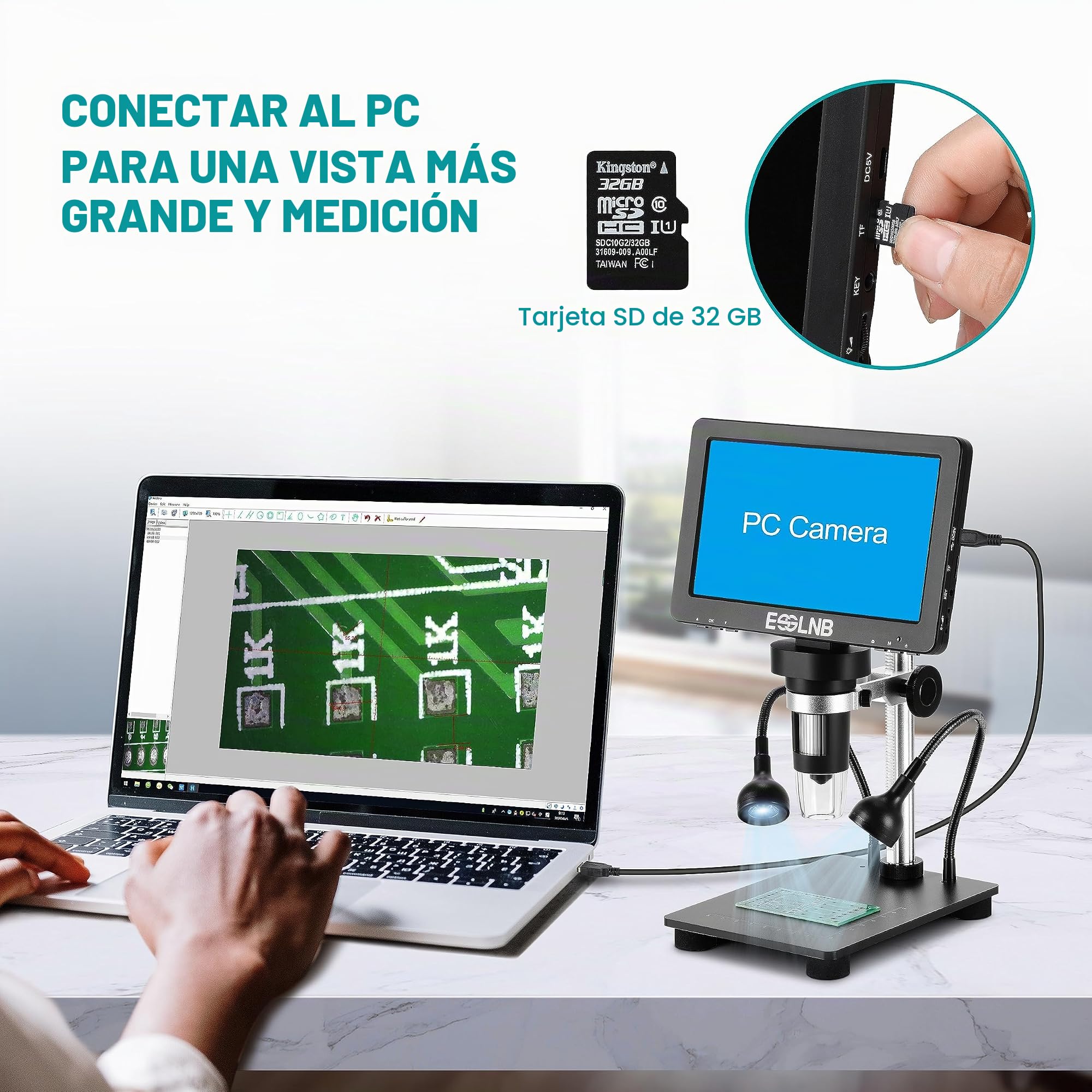 ESSLNB Microscopio Digital 7" LCD Microscopio Electronico 1080FHD Imagen con 32G Tarjeta Control Remoto 8 Luces LED Ajustables&2 Luces de Relleno Soporte de Metal Batería de Litio Recargable