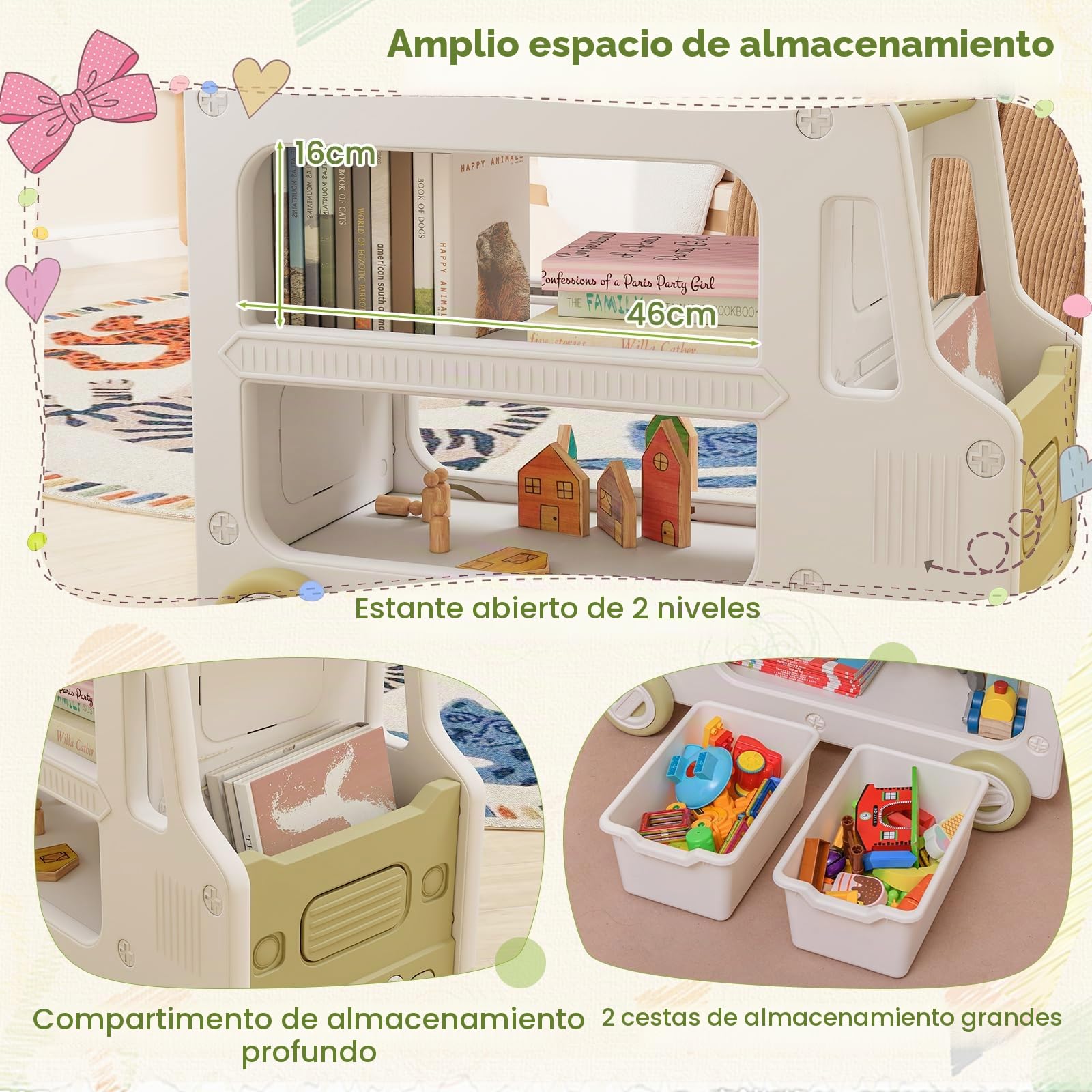 FANTASK Estantería Infantil para Coche, estantería de Juguetes con Ruedas y 2 Niveles, Cajas de Almacenamiento, estantería para Libros, Organizador de Juguetes, estantería para habitación Infantil