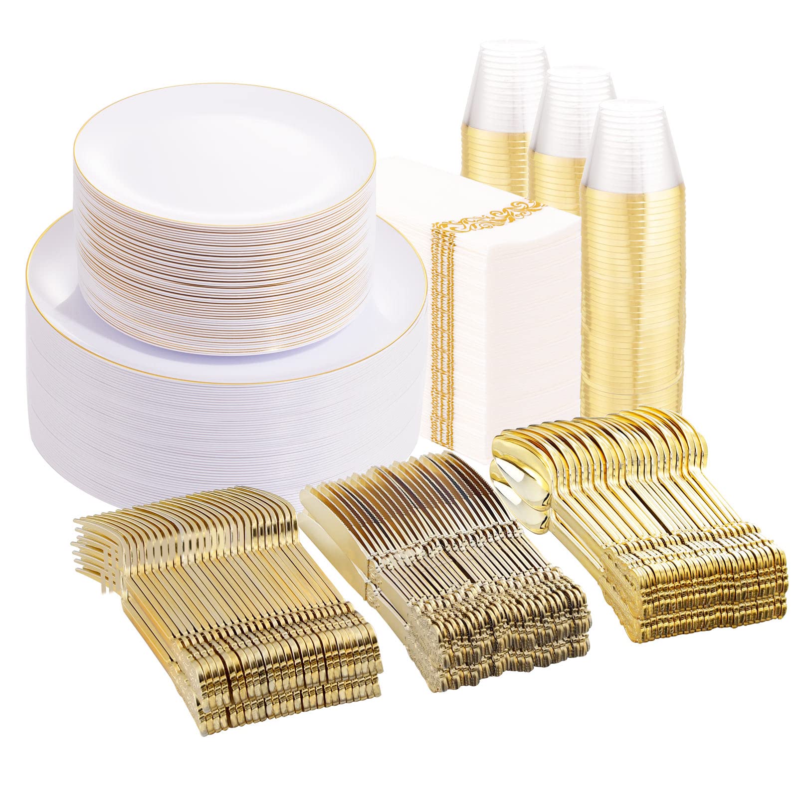 Photo 1 of LLSF 700 Pcs White Gold Plastic Plates With Disposable Gold Plastic Silverware, Gold Plastic Dinnerware Include 100Dinner Plates,100Gold Salad Plates,300 Gold Cutlery,100 Cup & 100 Party Napkins AAA-gold