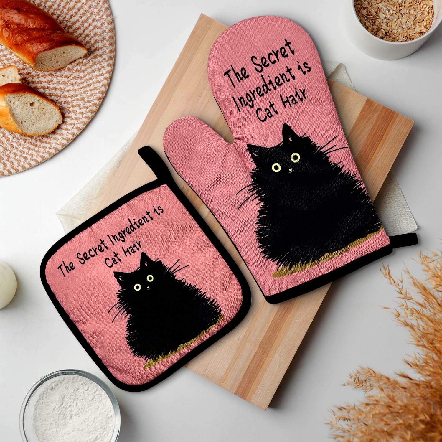 DhecvbdThe Secret Ingredient is Cat Hair, Funny Oven Mitts and Potholders (Set of 2) with Silicone Non-Slip Hanging Loop,Great for Cooking Baking Grilling,Cat Mom Kitchen Gifts,Cat Lover Gifts