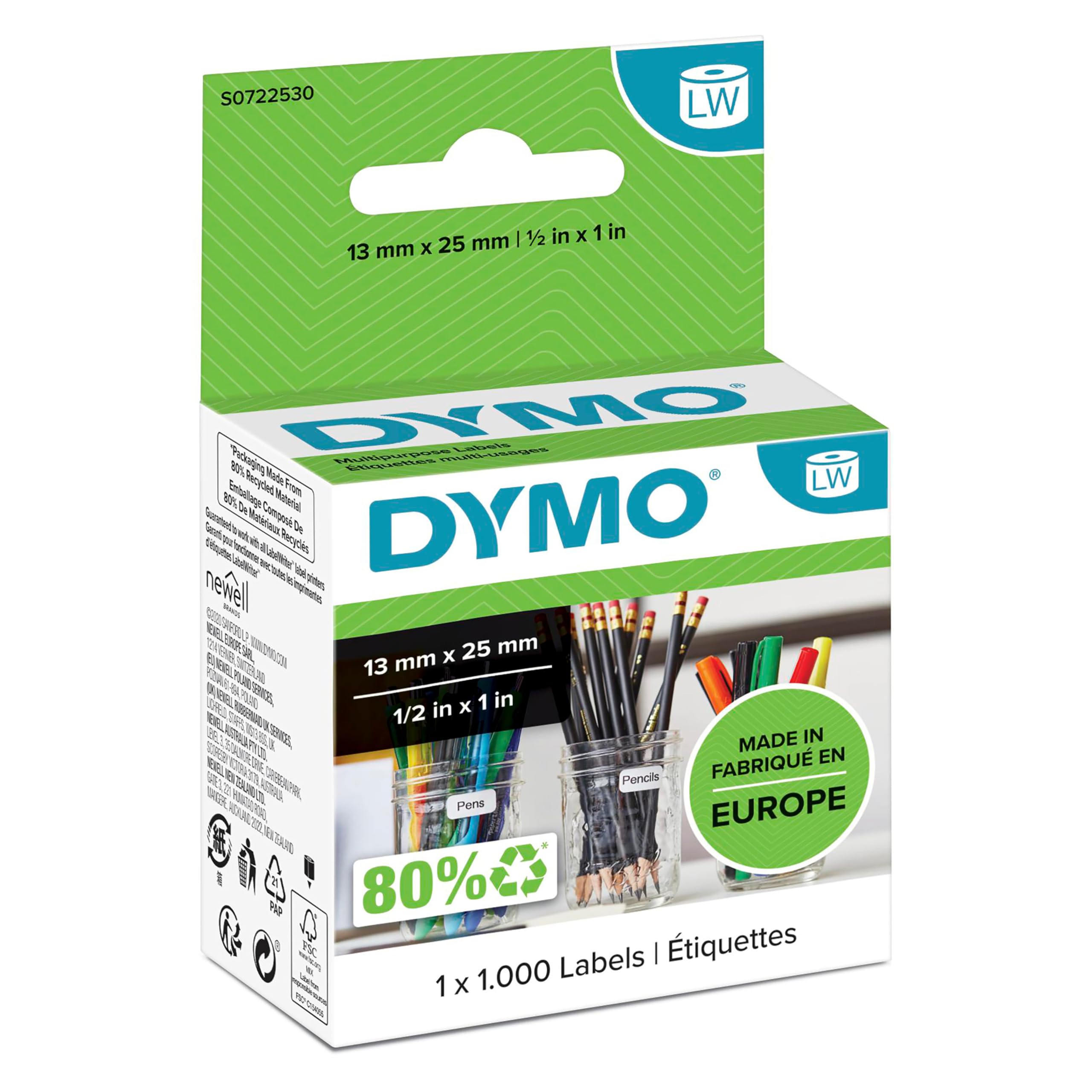 DymoAuthentic LabelWriter Small Multi-Purpose Labels | 13 mm x 25 mm | Self-Adhesive | Roll of 1000 | Easy-Peel Labels | for LabelWriter Label Makers | Made in Europe