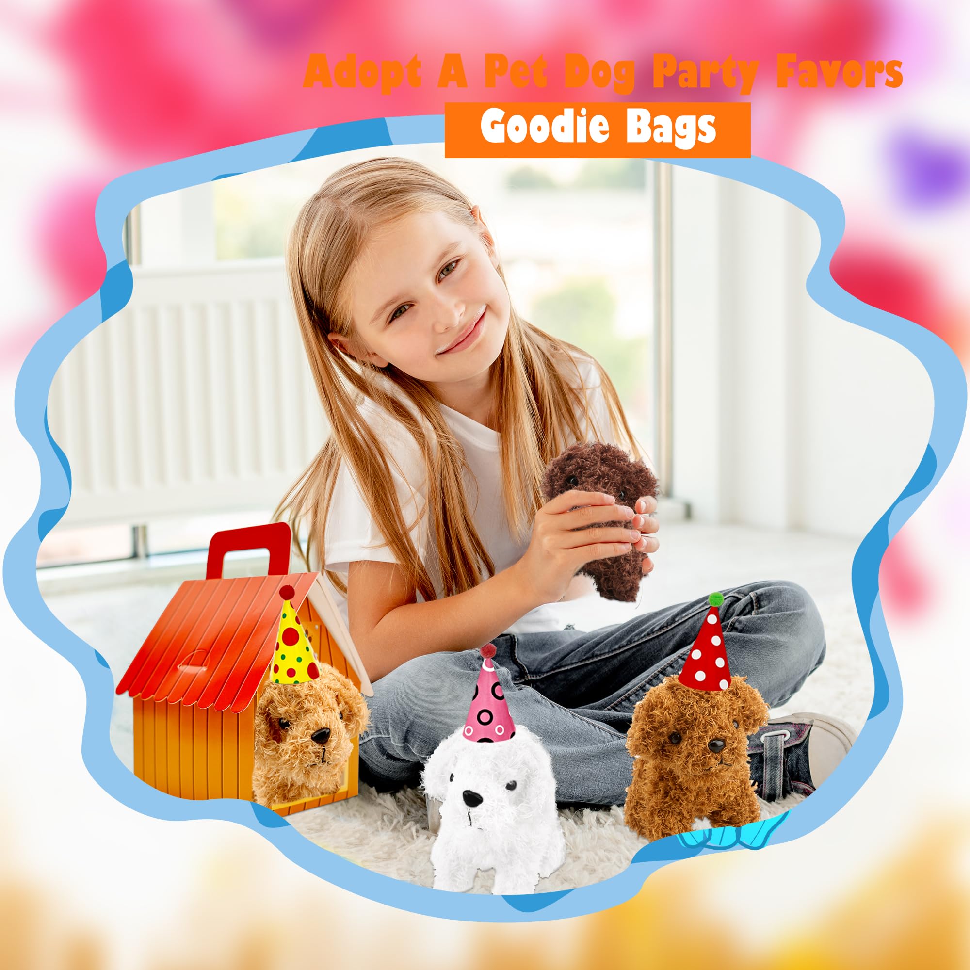72 piezas de regalos de fiesta de perro de peluche con 24 mini juguetes de peluche de perro de peluche, 24 sombreros de cumpleaños y 24 casas de perro de cartón rojo para adoptar fiesta de