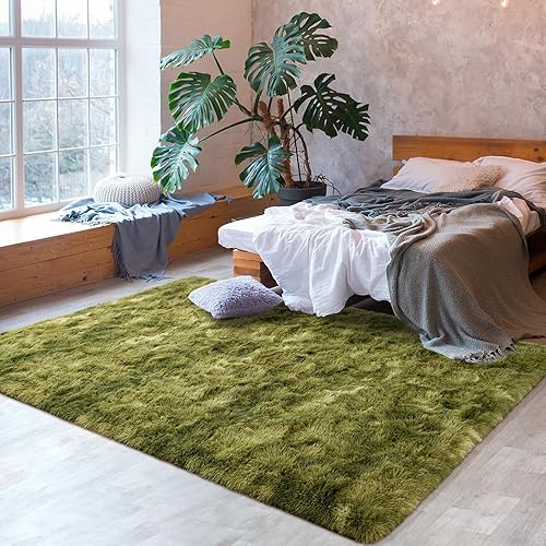 Miniatura 4 de Softlife Alfombra de área para sala de estar, alfombra mullida de felpa de 6 x 9 pies para dormitorio, alfombra de pelo peludo verde teñido anudado