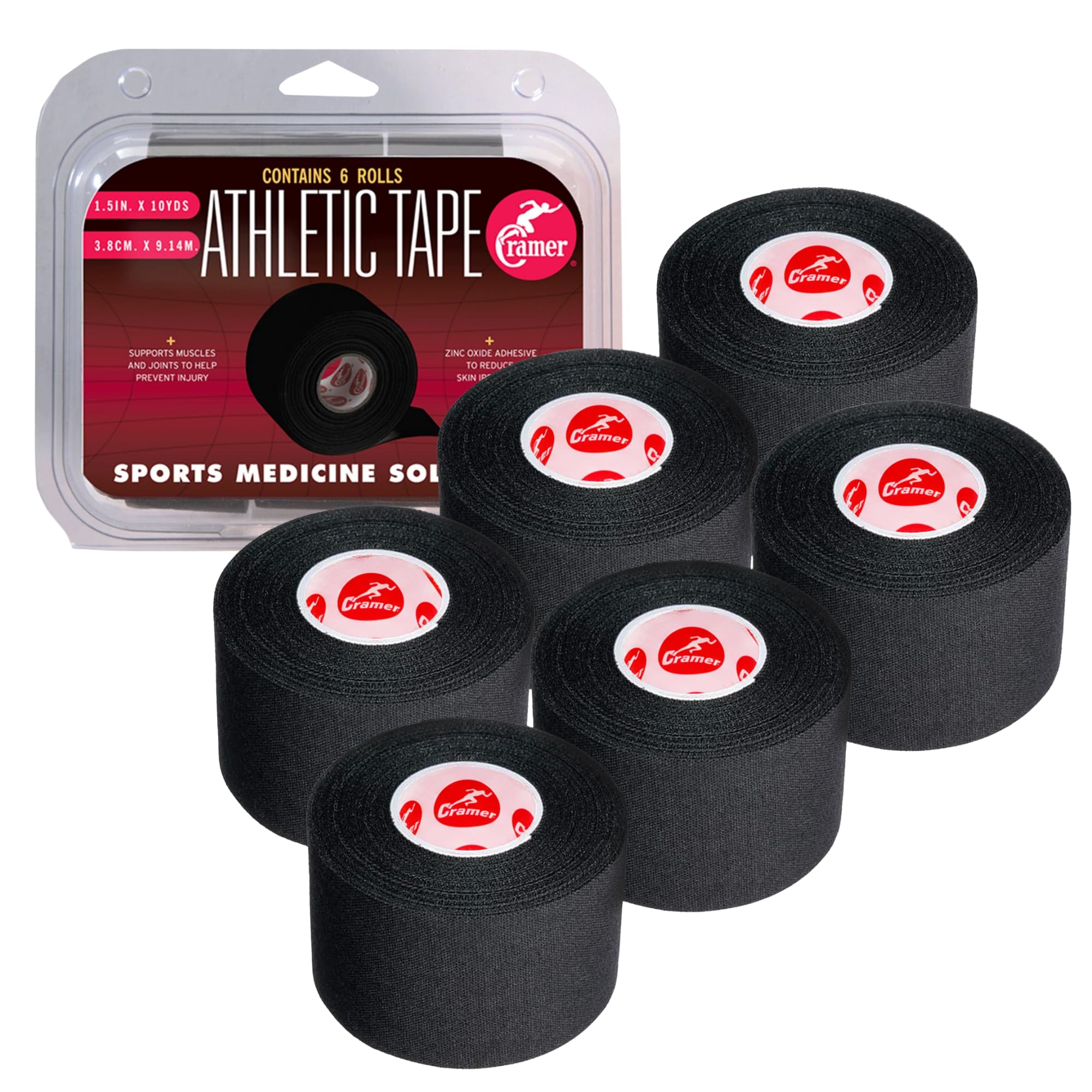 Cramer Athletic Tape 6 Pack, 1.5" x 10 Yards Black, Easy Tear Sports Tape for Ankle, Wrist & Knee, Latex-Free Adhesive, Strong Support, Athletic Training Tape Roll